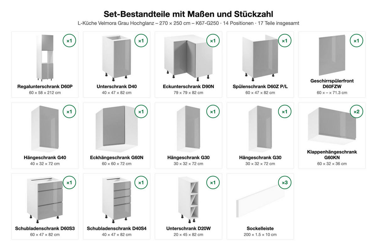 L-KÜCHE Velmora Grau Hochglanz – 270 × 250 cm – K67-G250 - Grau, Holzwerkstoff (250/212/270cm) - ROYAL24_MARKT