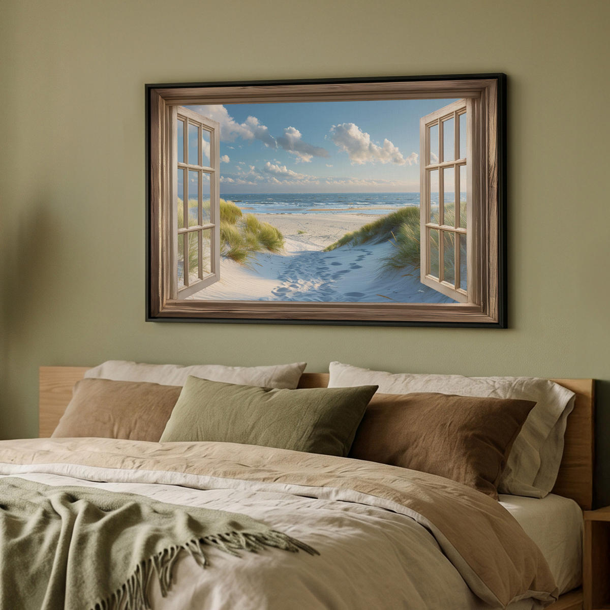 LEINWAND Bilder mit Rahmen - Aussicht - Strand - Fenster - Dünen - Meer - 90x60 - Hellblau, Textil (90/60cm) - MuchoWow