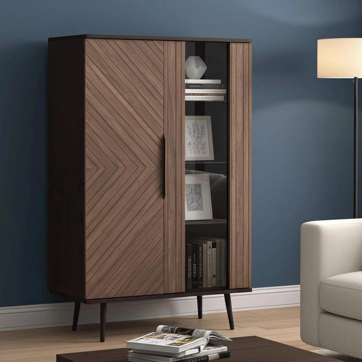 STANDVITRINE Pinelli 2-türig mit Metallfüße - Schwarz/Braun, Glas/Holzwerkstoff (90/140/41cm) - Ravio