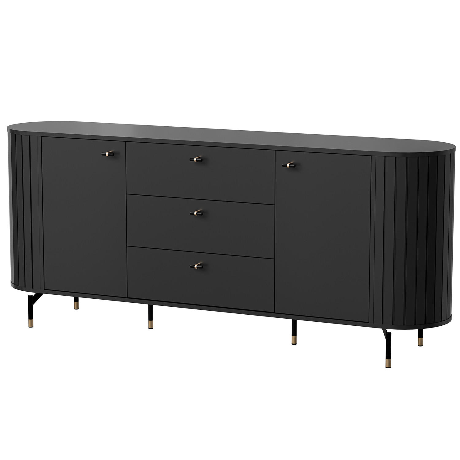 KOMMODE Zalia mit 2 Türen und 3 Schubladen, 190 cm, im Retro-Stil, Schwarz - Schwarz, Holzwerkstoff (190/81/40cm) - Beautysofa