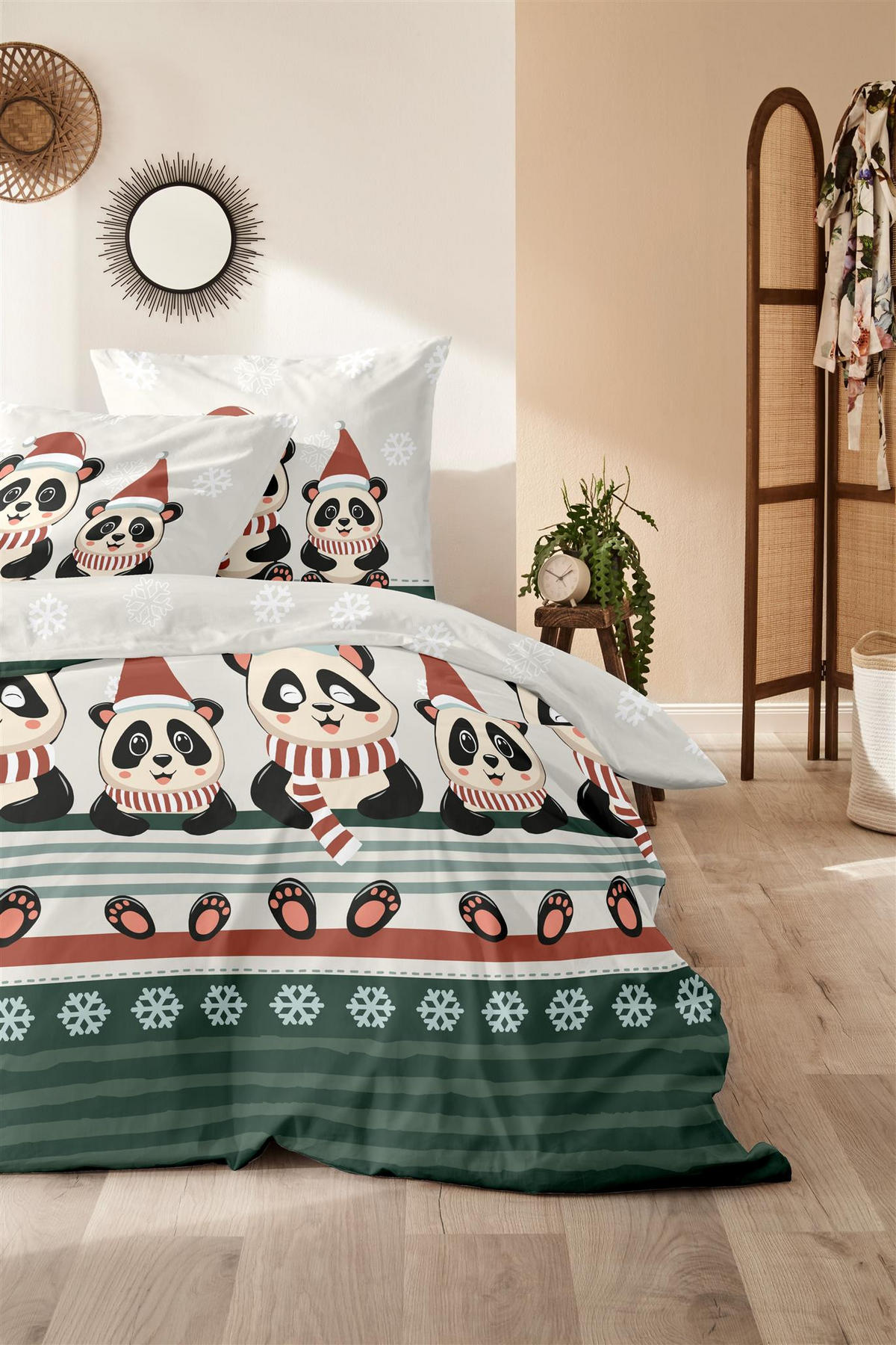 BETTWÄSCHE Biber 155x220 Weihnachten Panda Flanell Winter Bettbezug Kuschelig warm - Grün, Textil (155/220cm) - Carpe Sonno