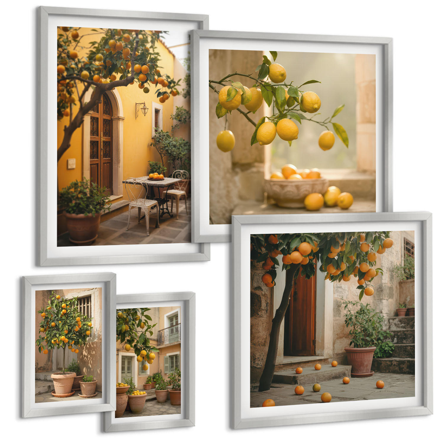BILDER SET 5er Set - 50x50 cm & 20x30 cm & 40x60 cm Silberner Rahmen - Terrasse mit Zitrusbäumen - Silberfarben, Kunststoff (40/60cm) - TULUP