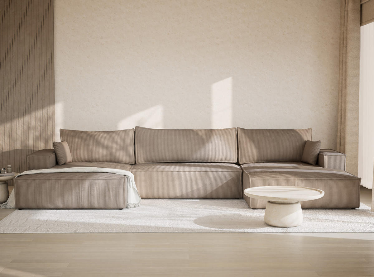 WOHNLANDSCHAFT Kyoto Beige Samtstoff - Beige/Schwarz, Holz/Holzwerkstoff (398/70/148cm) - Maison de Reve