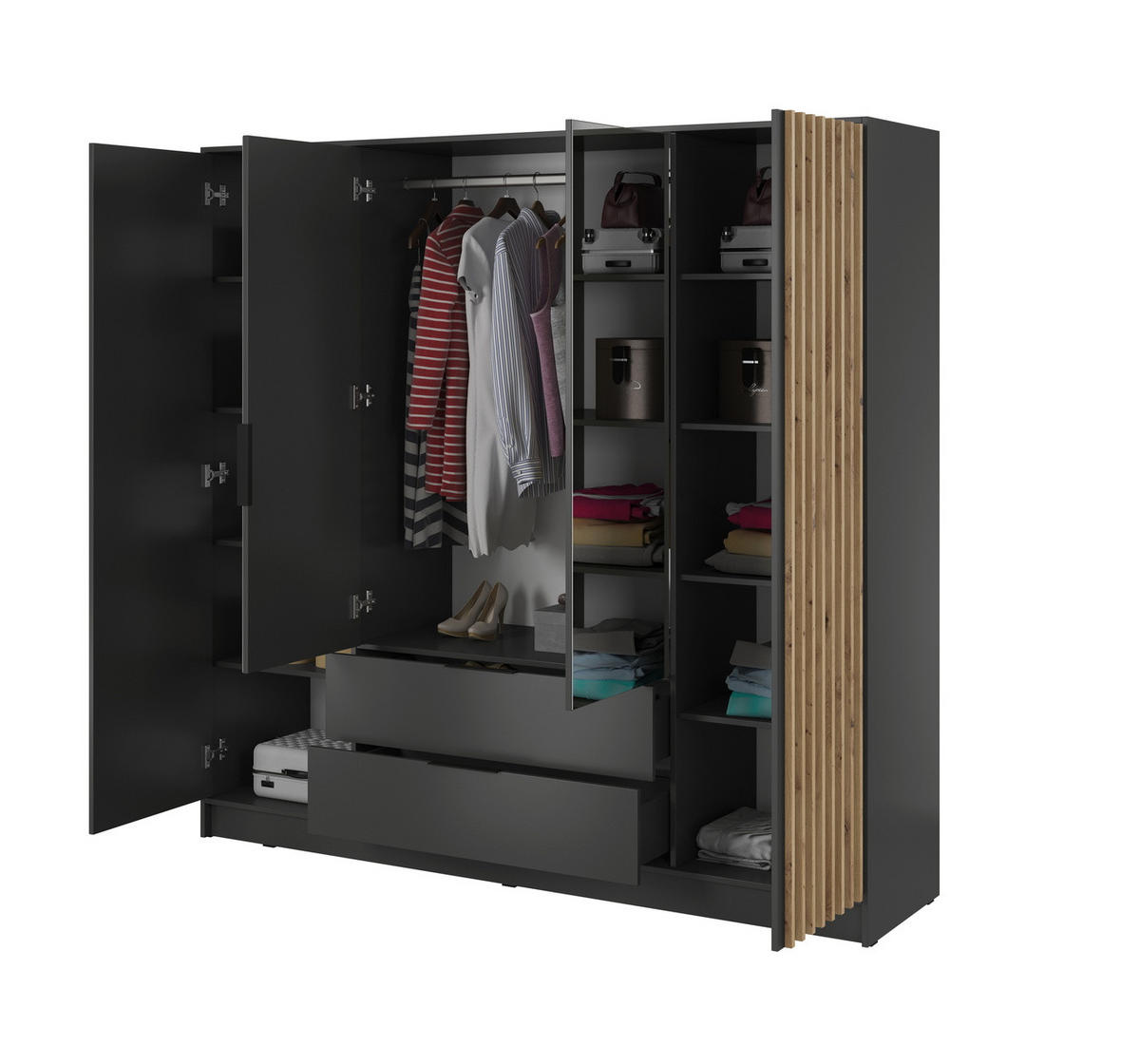 SCHRANK mit Spiegel 200 cm Fioro - 4 Türen, Lamellen, Schubladen, Graphit - Graphitfarben, Holz (205/200/51cm) - Emporius