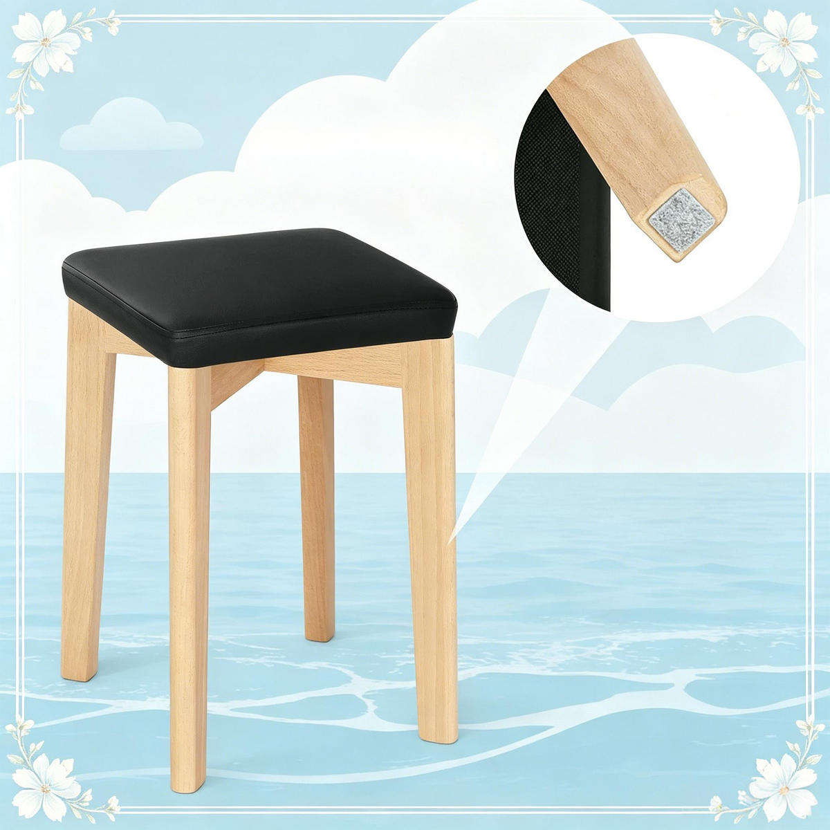 STAPELHOCKER DE-36174 2er Set mit Buchenholz und PU-Sitz Schwarz - Schwarz, Holz (32.5/47/32.5cm) - ComfortXL