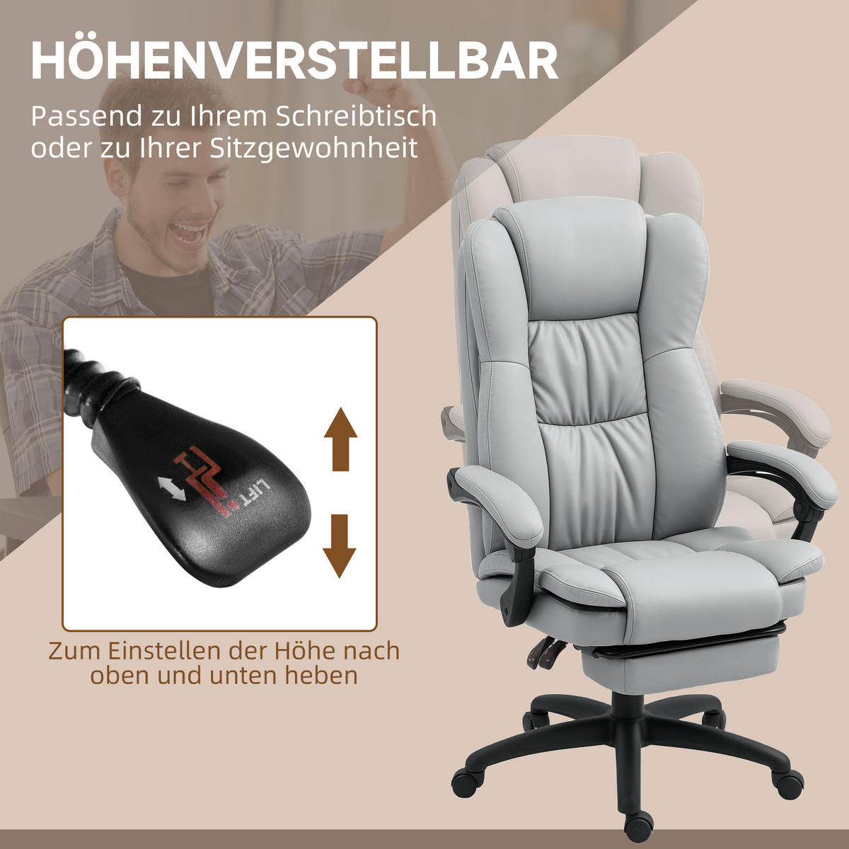 BÜROSTUHL mit 5 Massagemodi, Ergonomisch Schreibtischstuhl mit Liegefunktion - Hellgrau/Schwarz, Kunststoff (68.5/121/68.5cm) - Vinsetto