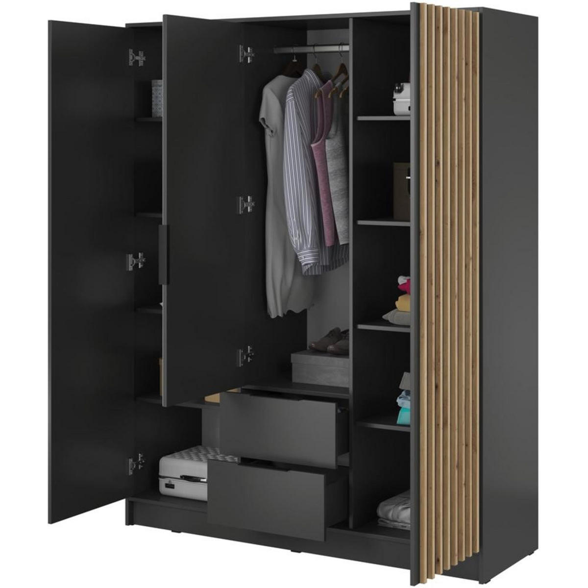 DREHTÜRENSCHRANK Kelly 155/200/51 3-türig graphit mit Spiegel - Graphitfarben/Schwarz, Holzwerkstoff/Kunststoff (155/200/51cm) - Beautysofa