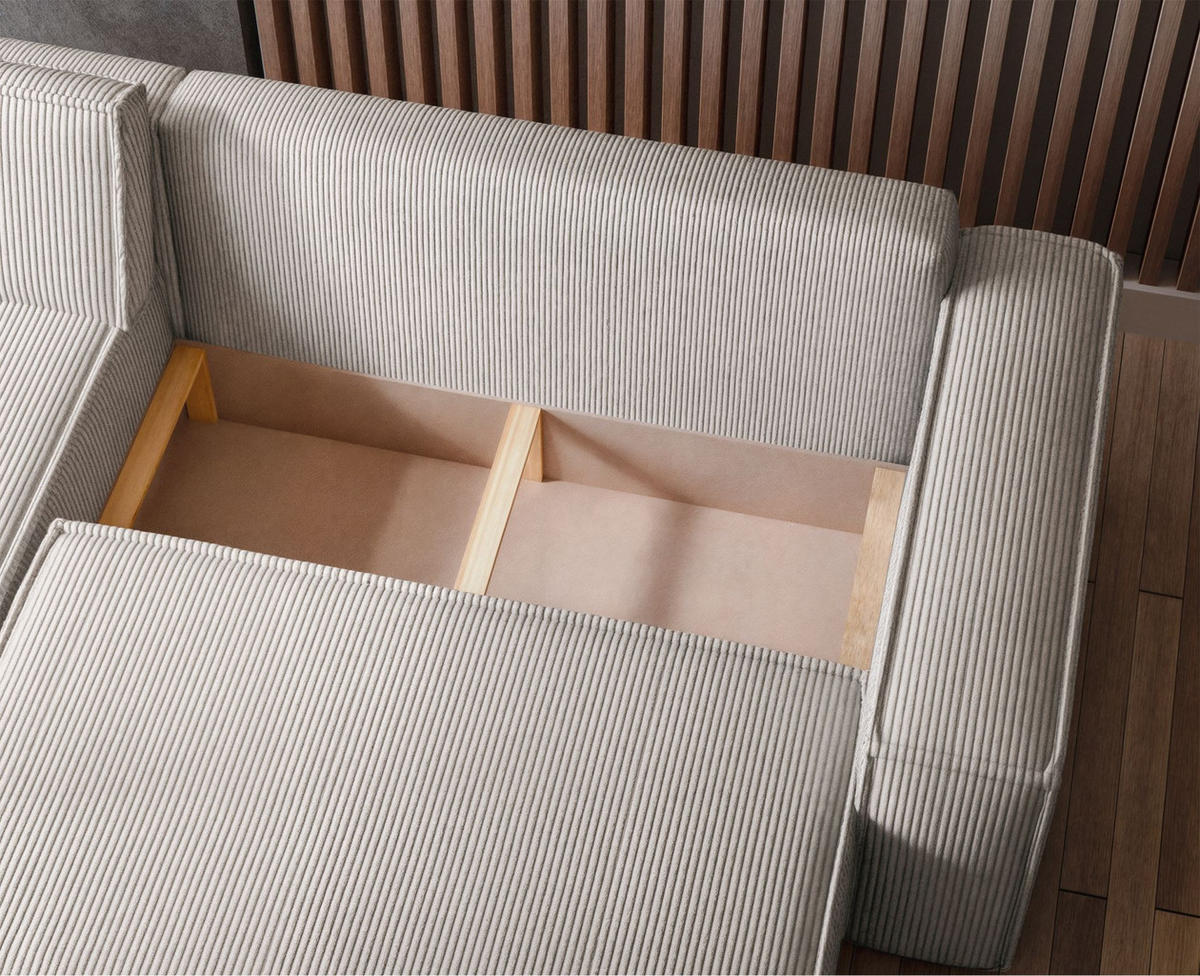 ECKSOFA Scarlo Hellbeige Cordbezug - Ecru/Schwarz, Kunststoff/Textil (244/145cm) - Selsey