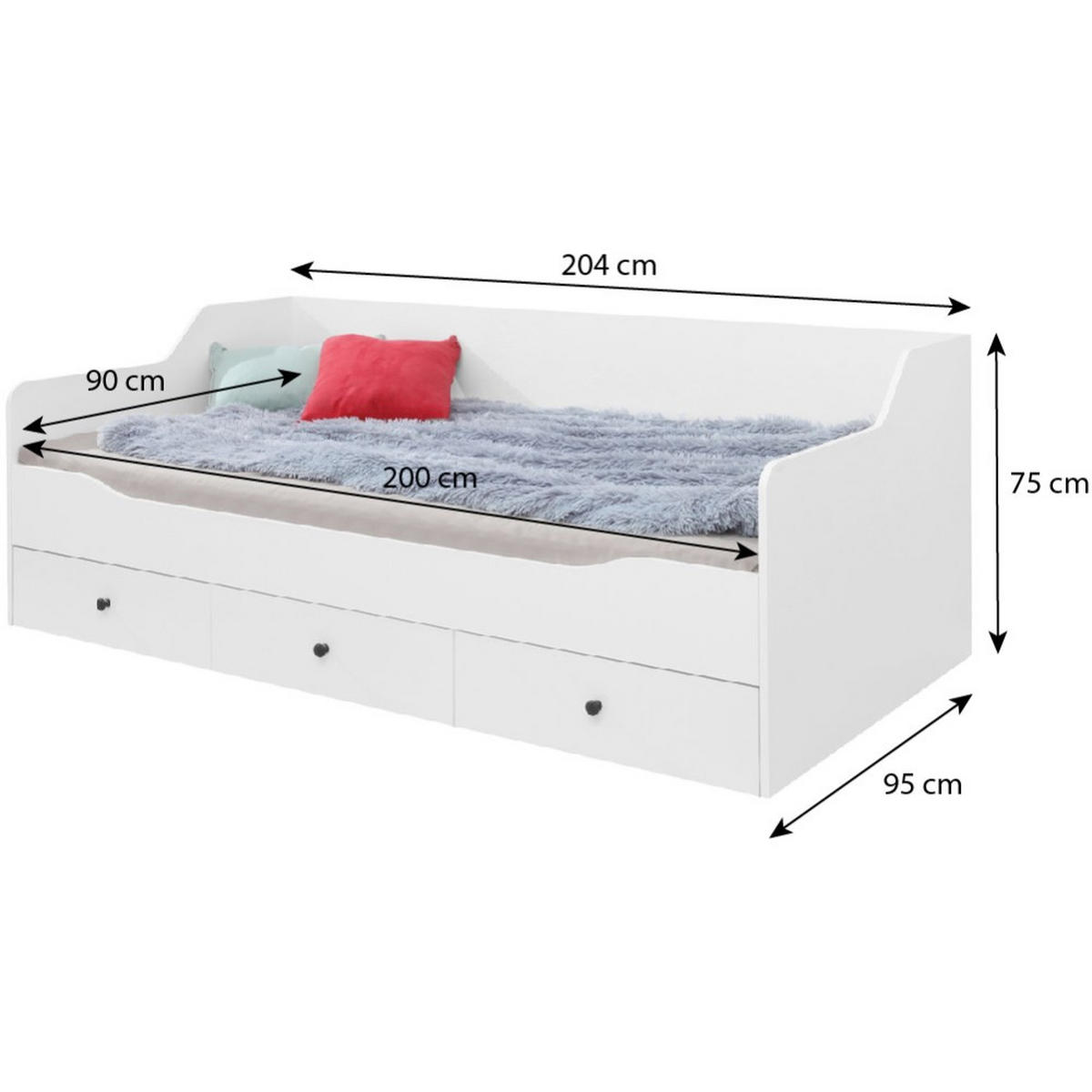 JUGENDBETT Bergo mit 3 Schubladen, 90x200 cm, ohne Matratze - Weiß Hochglanz/Weiß, Holzwerkstoff (90/200cm) - Beautysofa