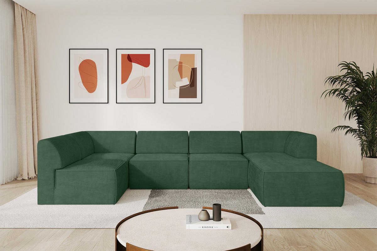 WOHNLANDSCHAFT Ottomane Rechts MOVO-L 345x180x78 cm Grün Cord - Grün, Holzwerkstoff/Kunststoff (180/78/345cm) - ALTDECOR