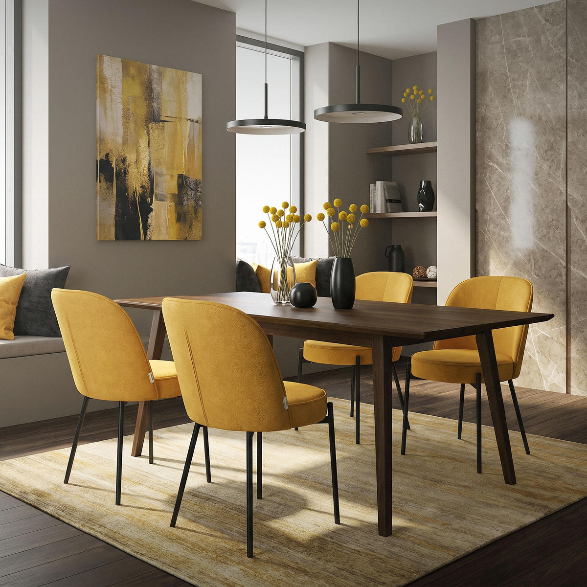 JÍDELNÍ ŽIDLE, sada 6 ks, hořčičná, s látkovým potahem - černá/žlutá, kov/textil (50/83/63cm) - ML-DESIGN