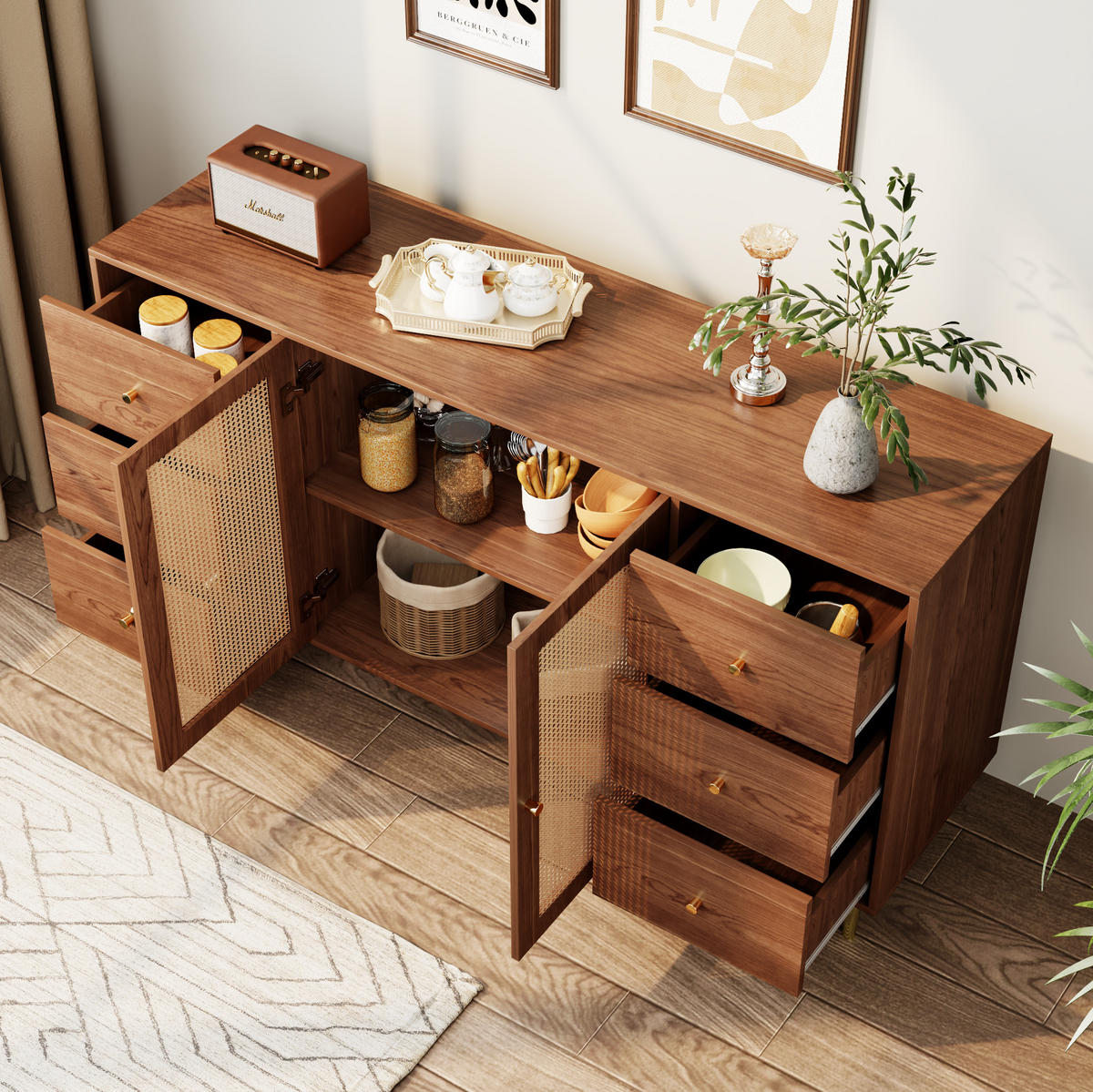 KOMODA 160/40/90 cm z MDF v dekoru dřeva, s ratanovými dvířky a zásuvkami - barva dubu, kompozitní dřevo (160/90/40cm) - BEAOK