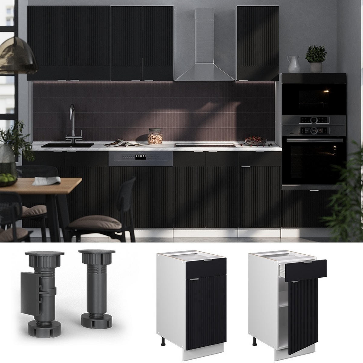 KÜCHENUNTERSCHRANK Fame-Line Schwarz gestreift 40 cm , AP Eiche - Schwarz/Weiß, Holzwerkstoff (40/82/60cm) - Vicco