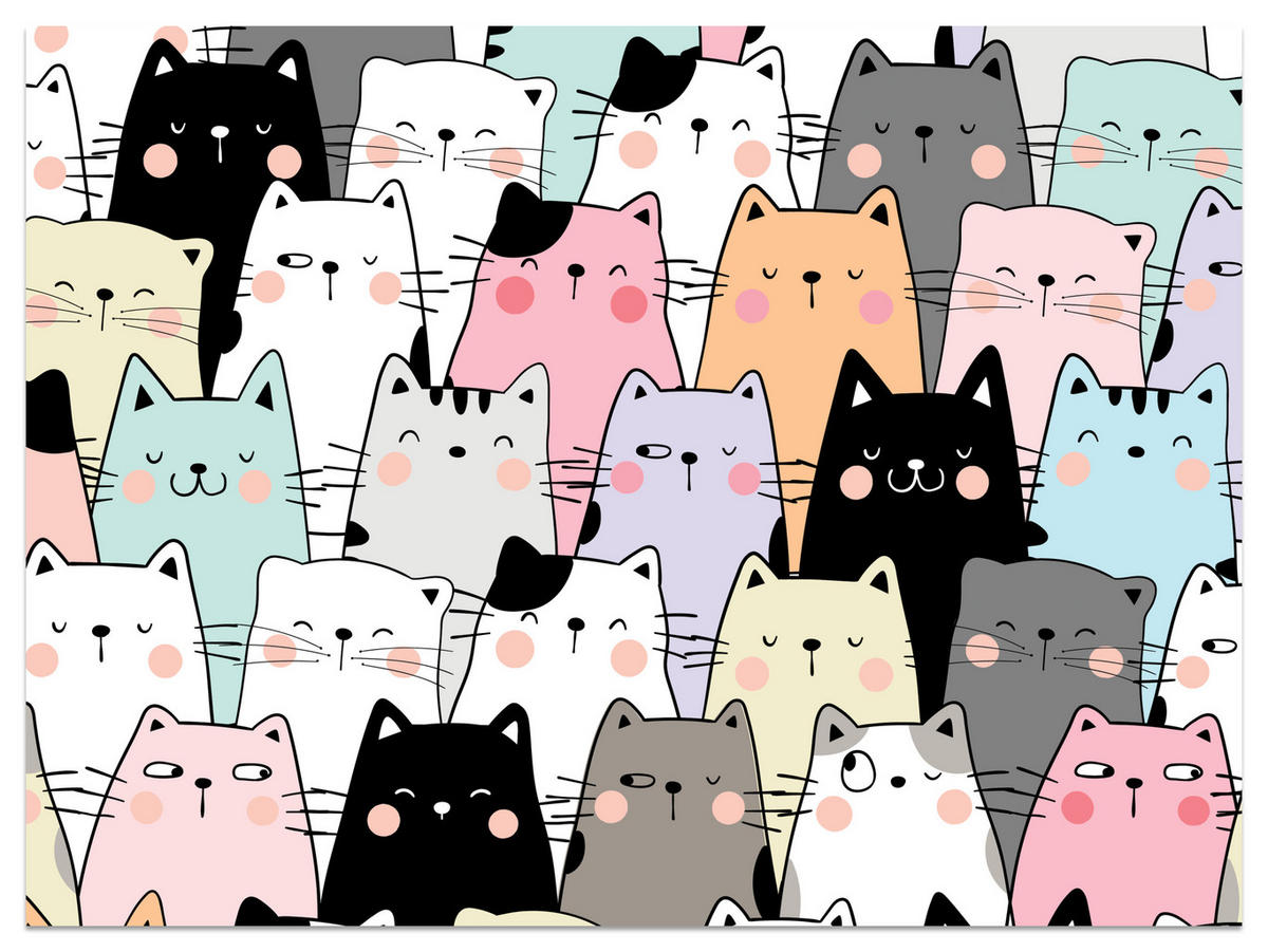 FOTOTAPETE für Kinderzimmer Bunte Katzen Cartoon Abstraktion 250x175 - Blau/Gelb, Papier (250/175cm) - Muralo