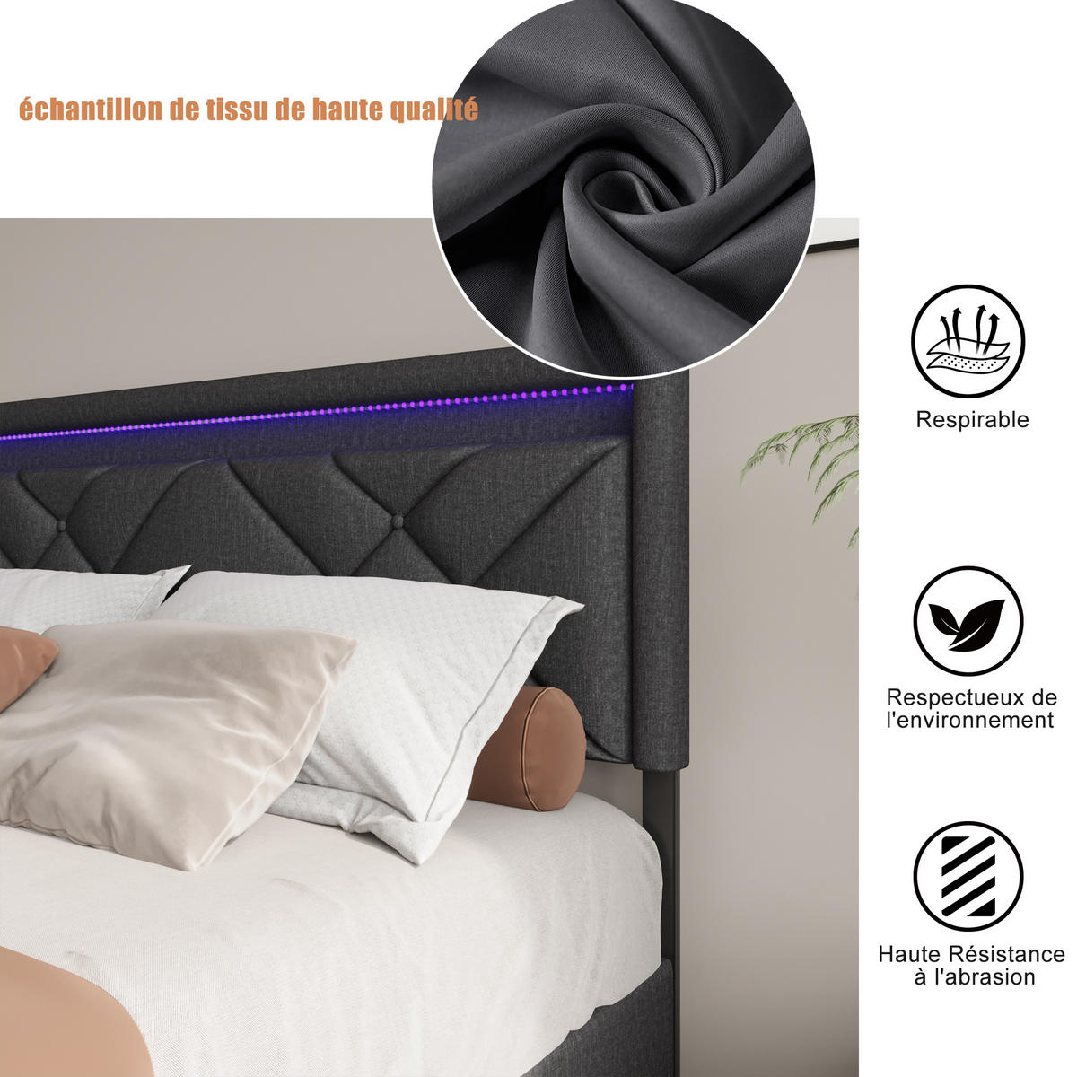 POLSTERBETT 160x200 cm, Grau, mit USB & Type-C, LED-Beleuchtung - Grau, Textil/Metall (160/200cm)