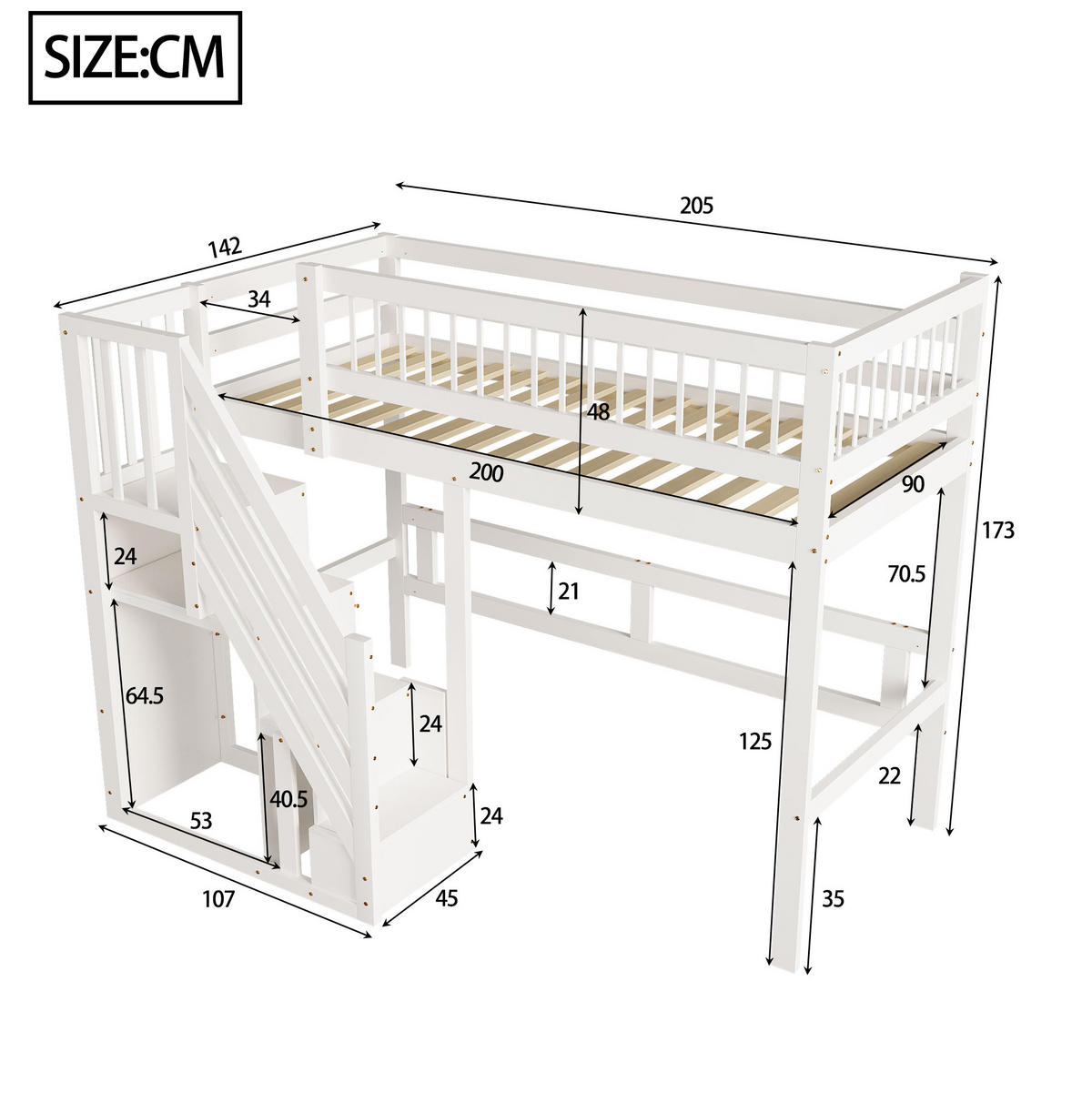 VYSOKÁ postel 90/200 cm bílá s úložnými schody z masivního dřeva - bílá, kompozitní dřevo (90/200cm) - OKWISH