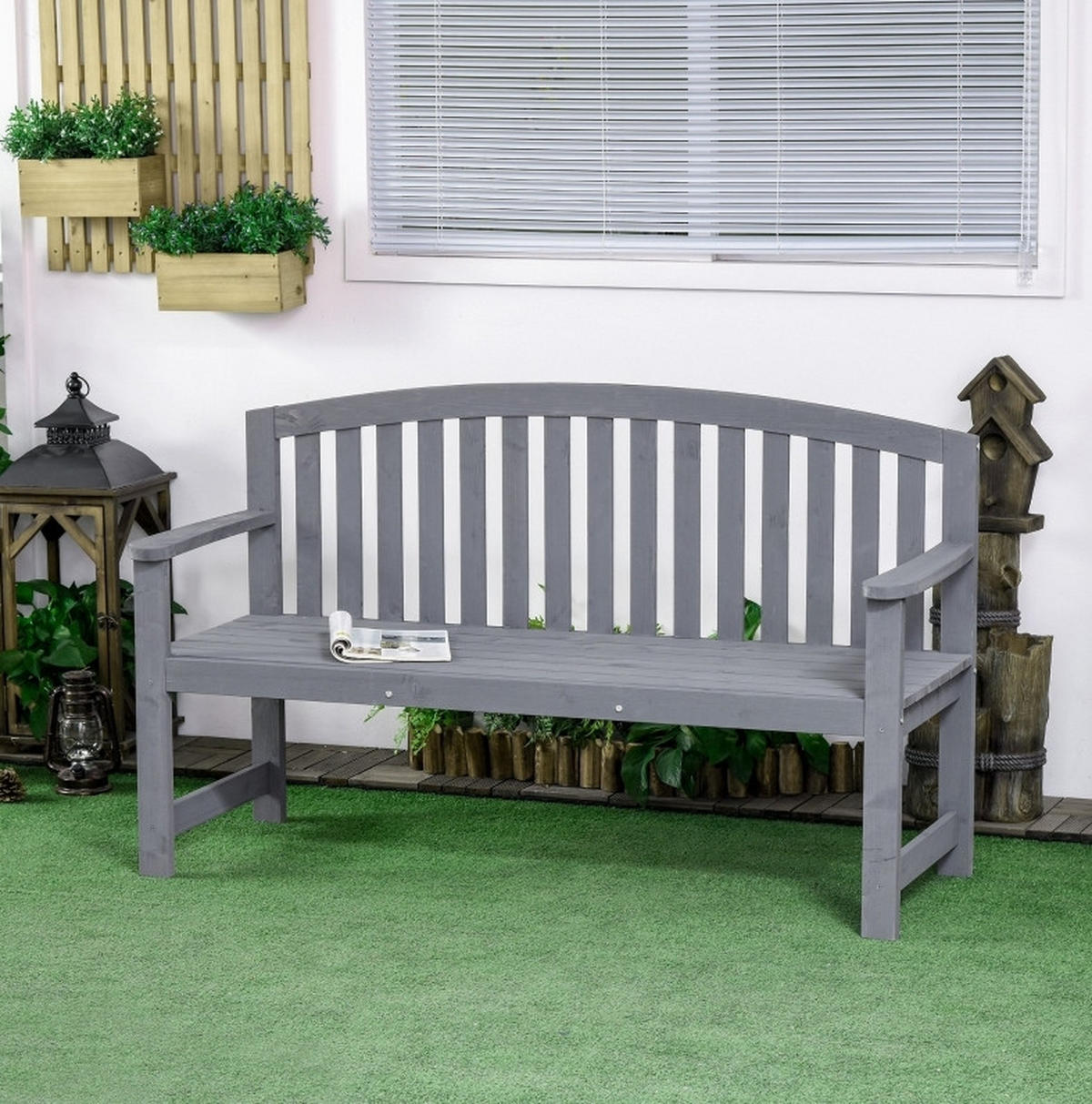 ZAHRADNÍ lavice z jedlového dřeva 143x51x85 cm šedá s ergonomickým opěradlem a voděodolnou úpravou - šedá, kompozitní dřevo (143/85/51cm) - Modfu