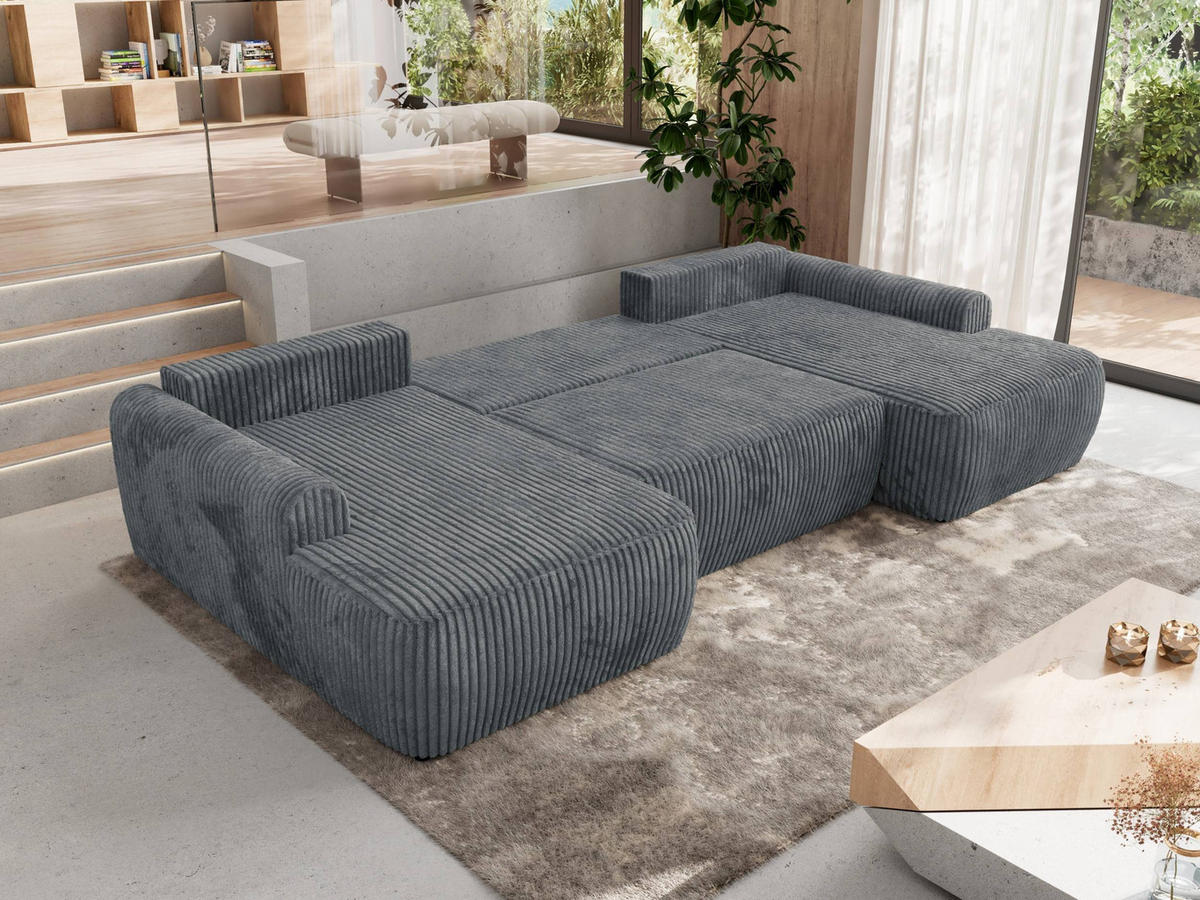 WOHNLANDSCHAFT CUBO U Dunkelgrau Cord - Dunkelgrau/Schwarz, Kunststoff/Textil (370/100/187cm) - MKS