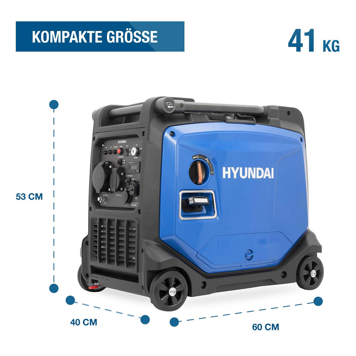 HYUNDAI Inverter Stromerzeuger HY5501SEi 5,5 kW Benzin Stromgenerator mit E-Start, 5,0 kW Dauerleistung, 230 V, 12 V, USB, Notstromaggregat - Blau, Metall (60/40/53cm) - HYUNDAI