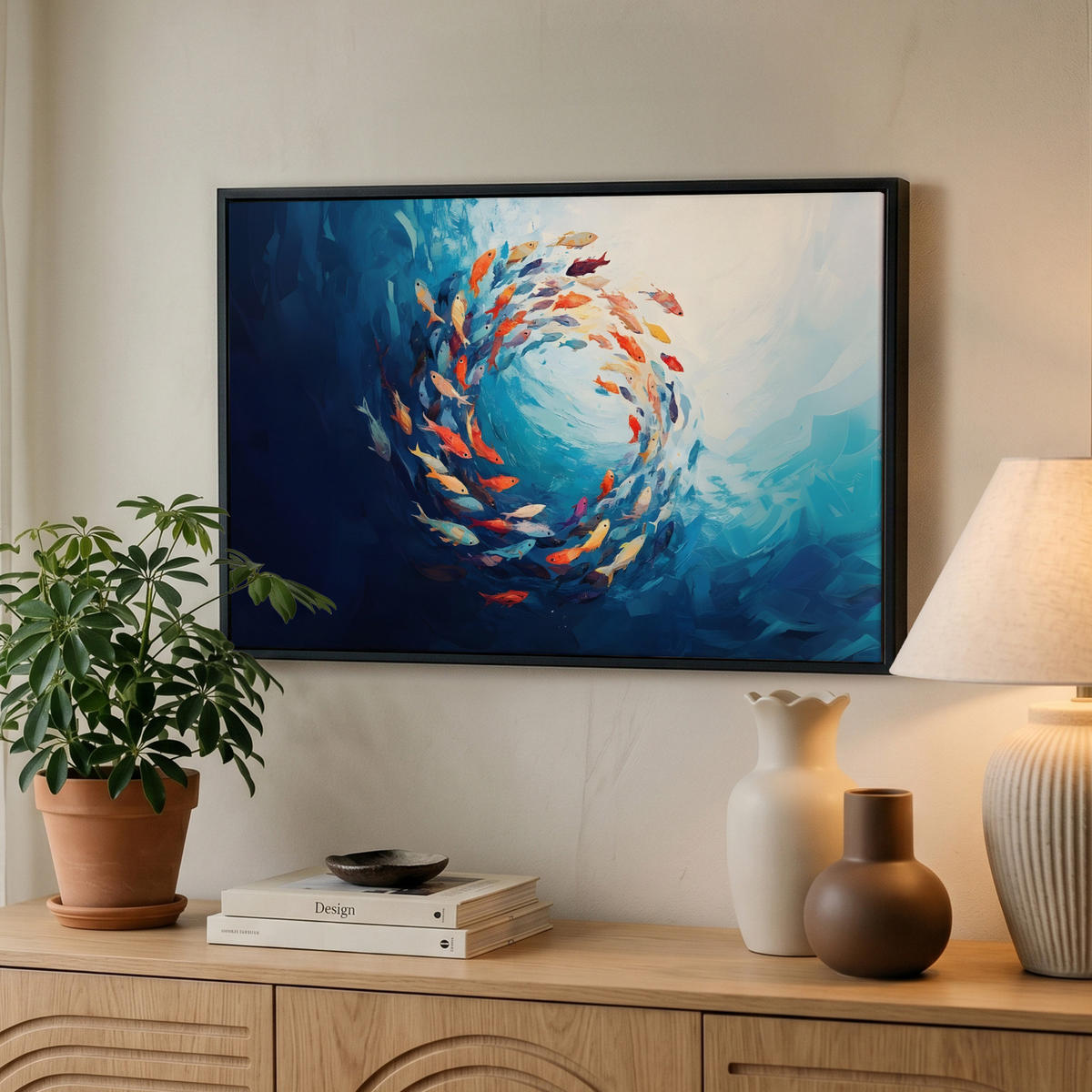 LEINWAND Bilder mit Rahmen - Meer - Fische - Bunt - Dynamisch - 60x40 - Hellblau, Textil (60/40cm) - MuchoWow