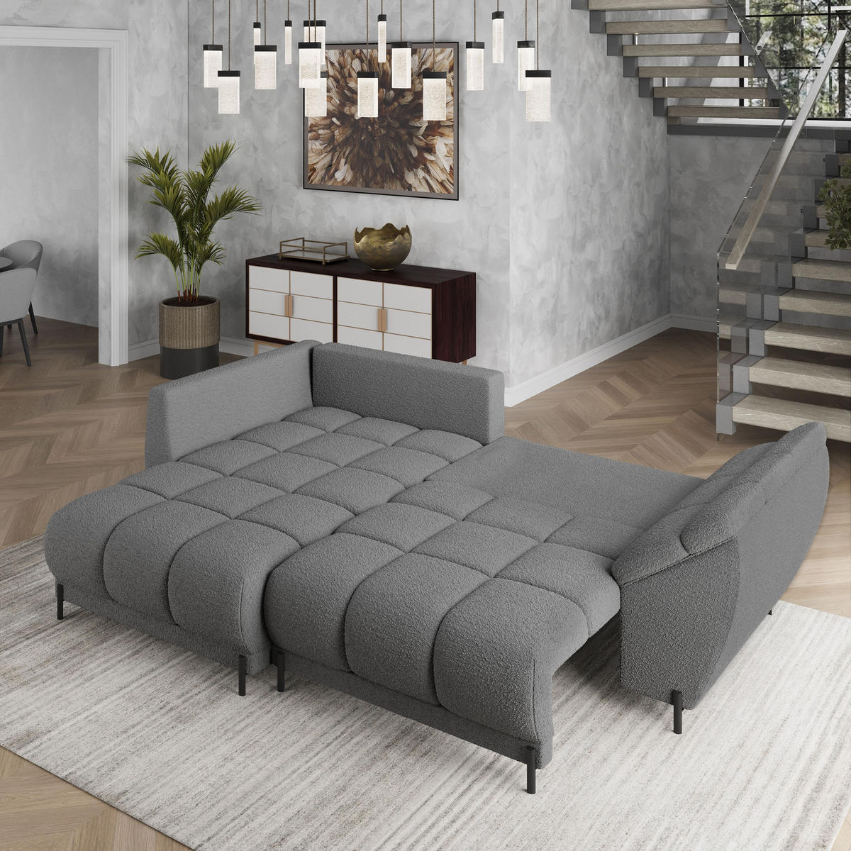 ECKSOFA VESTANO L-S Grau Boucle-Stoff mit Schlaffunktion - Grau, Holz (287/182cm) - MASSENO