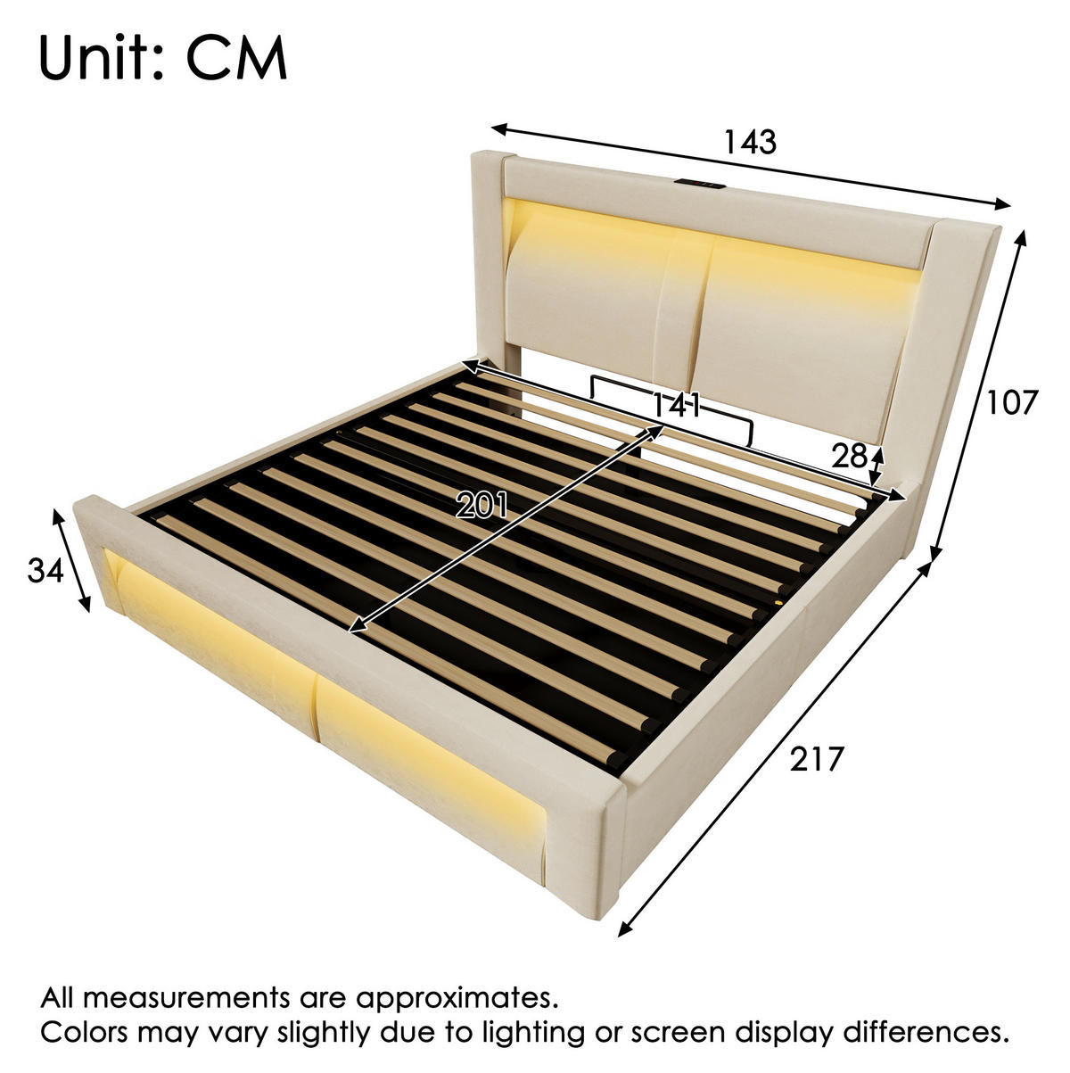 BETT mit Stauraum 140x200 cm Samt Beige mit LED - Beige, Metall (140/200cm) - Meubliv