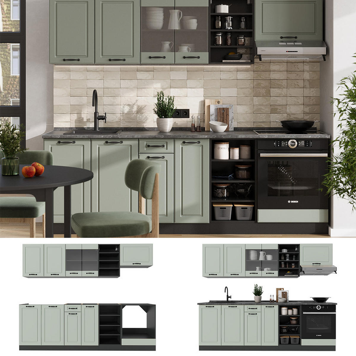 KÜCHENZEILE R-Line, Mint Landhaus/Anthrazit, 240 cm Arbeitsplatte Goldkraft Eiche - Anthrazit/Grün, Holzwerkstoff (240/206.8/60cm) - Vicco