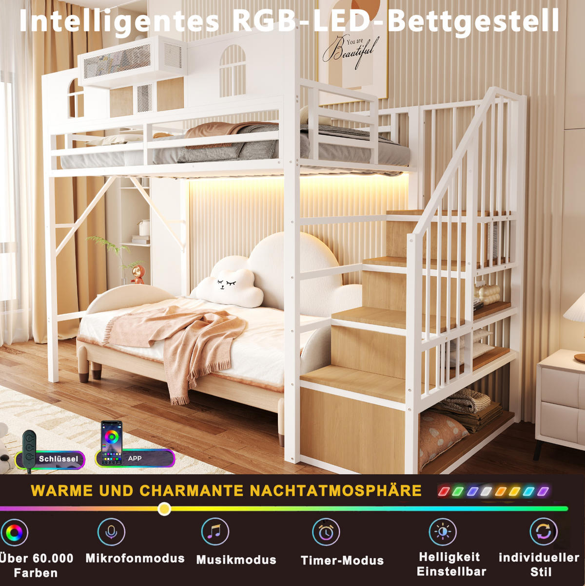 HOCHBETT 90x200 cm in Weiß mit Stauraumtreppe und Lichtleiste - Weiß, Metall (90/200cm) - IVMEU