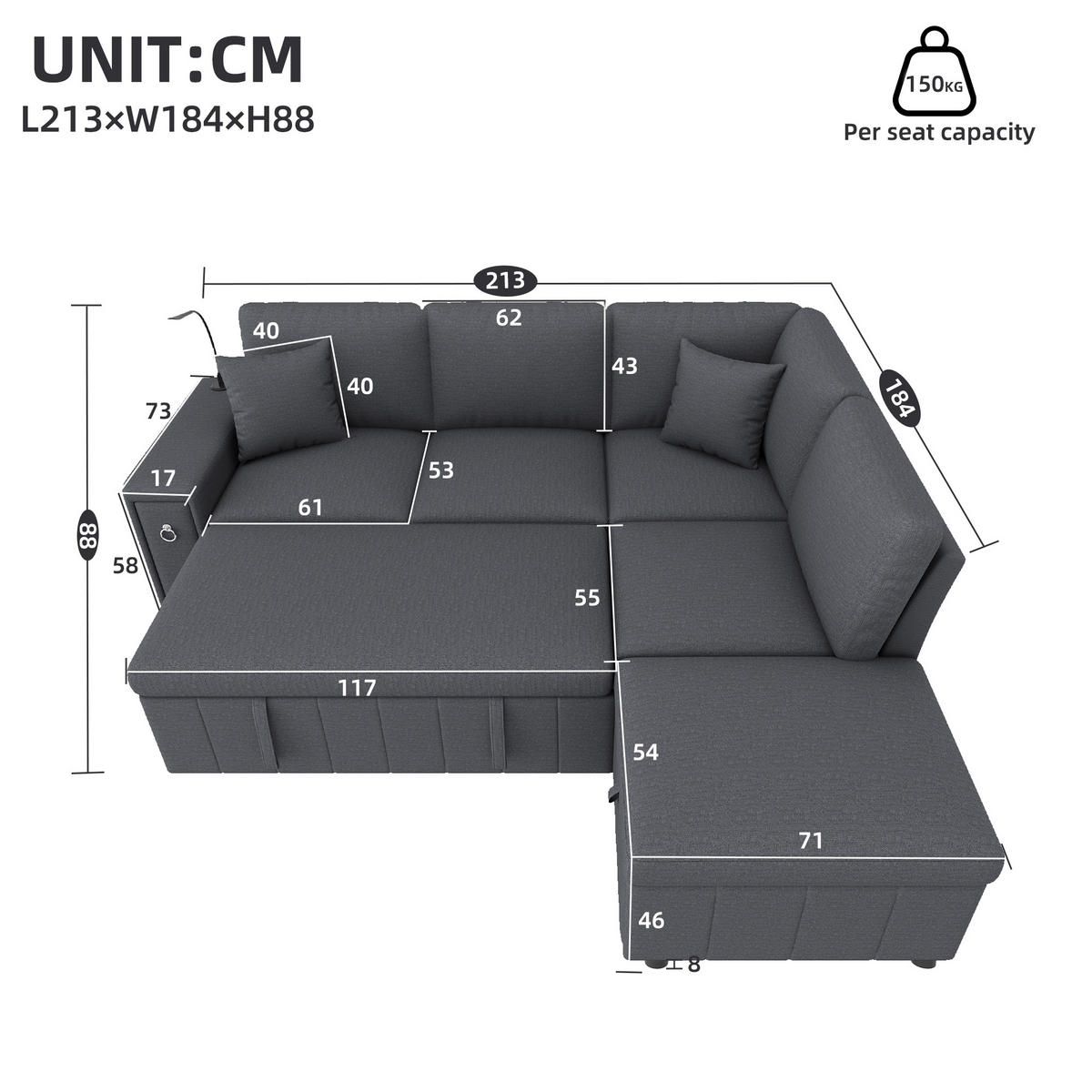 SCHLAFSOFA Grau L-Form USB Stauraum Tisch Leselicht Kissen - Grau, Textil (184/213cm) - FLIEKS