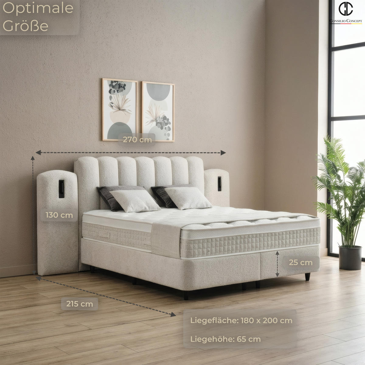 BOXSPRINGBETT MIT BETTKASTEN DUBAI 180/200 cm, Ivory, Bettkasten, Matratze, Topper integriert, H3 mittel 7-Zonen Matratze - Creme/Schwarz, Holz/Kunststoff (180/200cm) - Consilio Concept