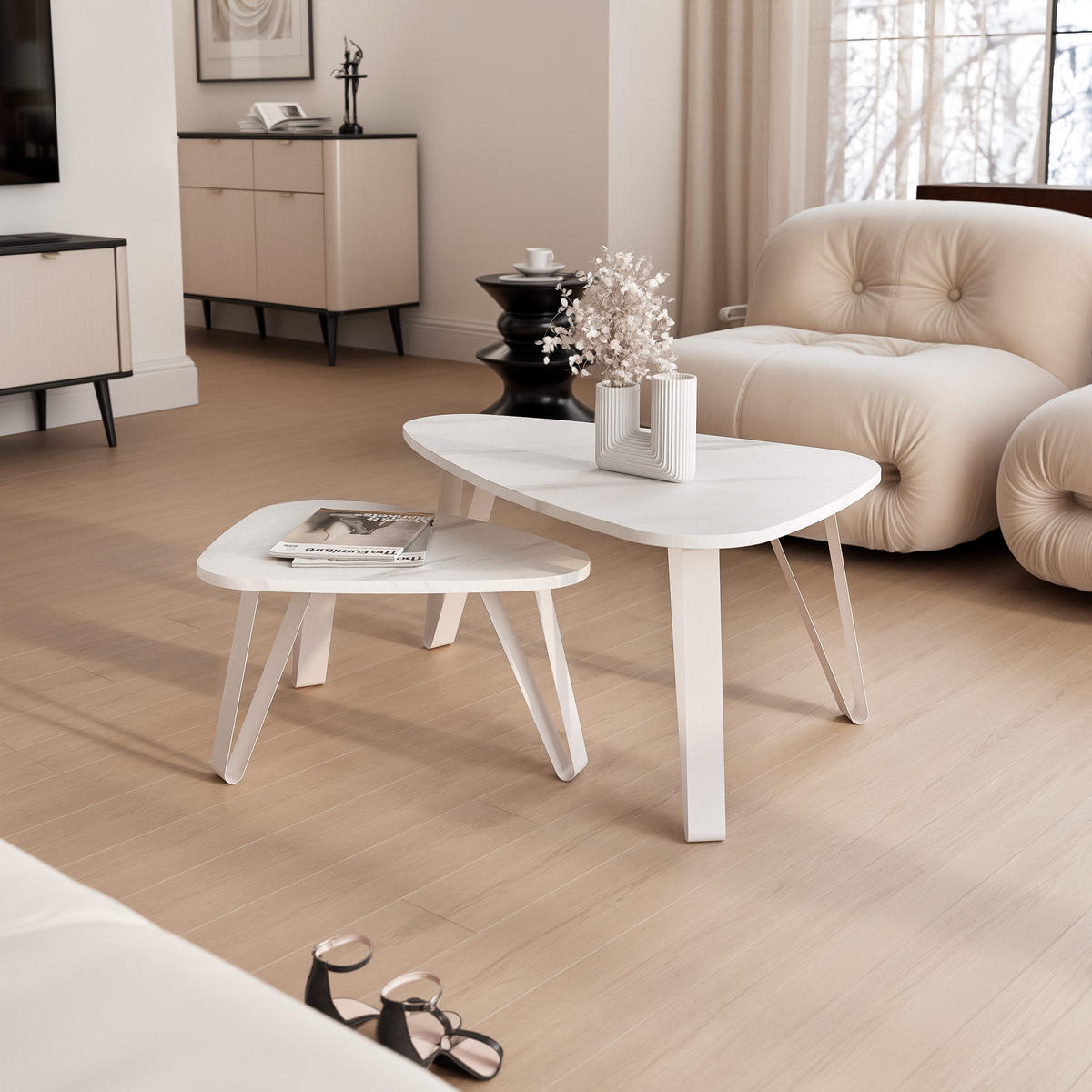 SATZTISCH NOA Stahlgestell, Freiform, Kaschmir / Bianco Marmor - Kaschmir/Weiß, Holzwerkstoff (94/60/42cm) - Idohome