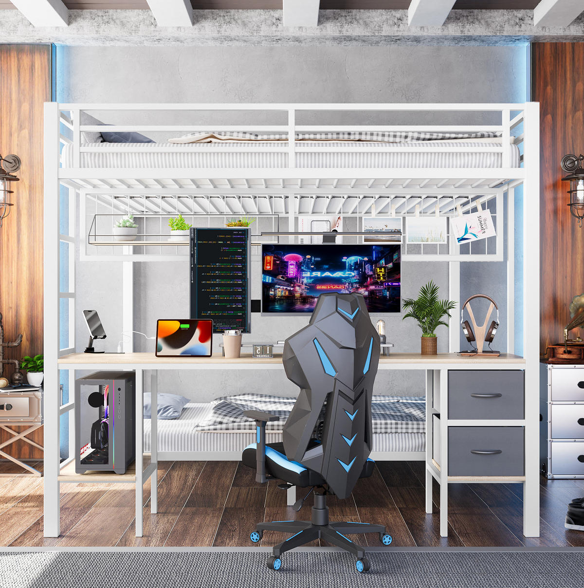 HOCHBETT mit Schreibtisch 140/200 cm in Weiß – mit Stauraum und LED-Leiste - Weiß, Metall (140/200cm) - BEAOK