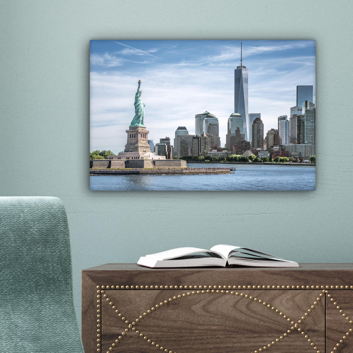 LEINWANDBILD New York - Freiheitsstatue - Wasser Deko Schlafzimmer 30x20 cm - Hellblau, Textil (30/20cm) - MuchoWow