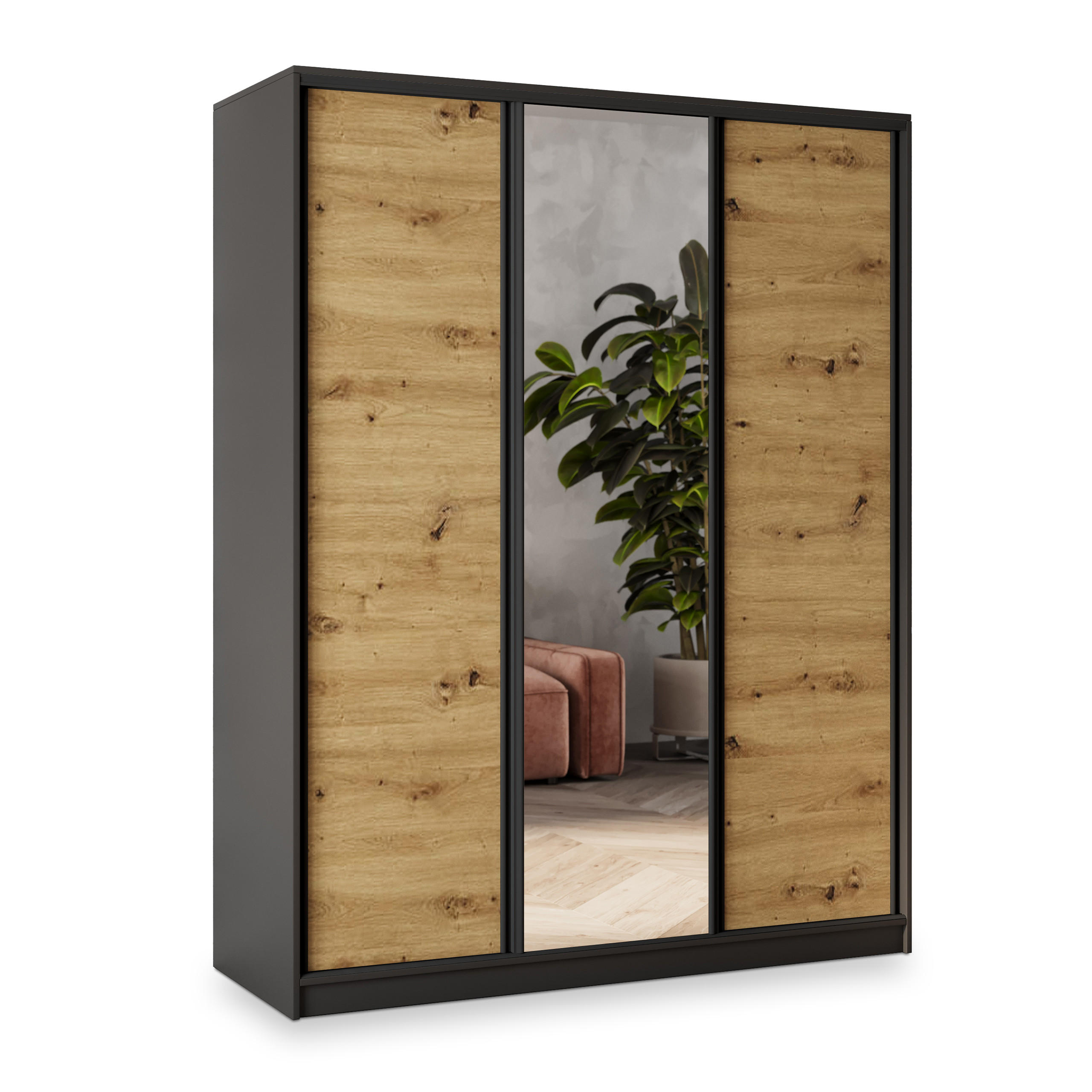 Masseno Schwebetürenschrank Schwarz, Eiche Artisan 150x205x58 cm