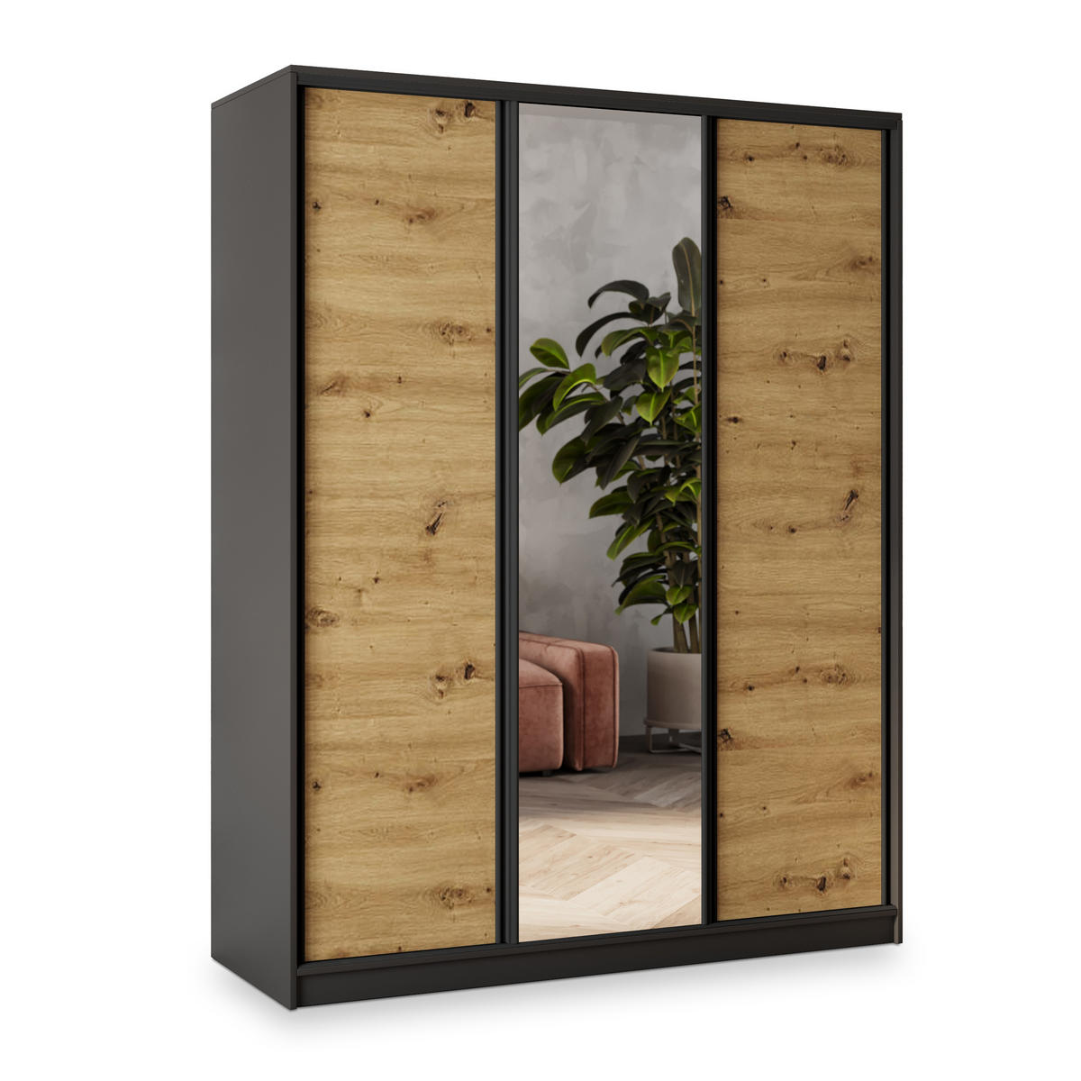 SCHWEBETÜRENSCHRANK SORE 150/205/58 cm 3-türig mit Spiegel und Schubladen Schwarz / Eiche Artisan - Schwarz/Eiche Artisan, Holzwerkstoff (150/205/58cm) - MASSENO