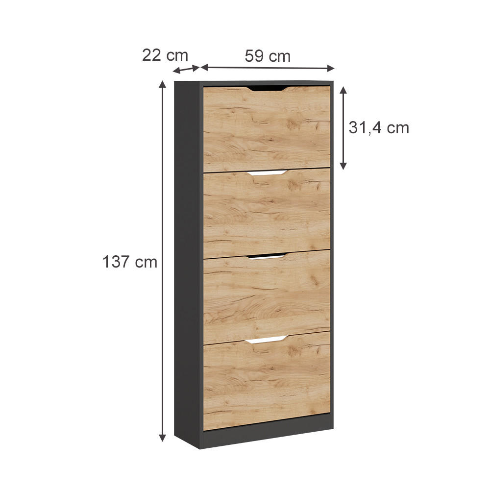 SCHUHKIPPER Luca Anthrazit/Goldkraft Eiche 59 x 137 cm mit 4 Fächern - Anthrazit, Holzwerkstoff (59/137/22cm) - Vicco