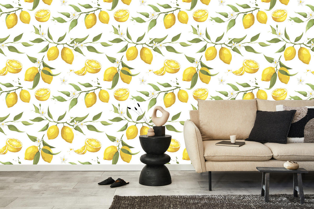 VLIESTAPETE Zitronen und Blätter – Gelb, Grün, Weiß – 50x1000 cm - Gelb/Weiß, Papier (50/1000cm) - Muralo