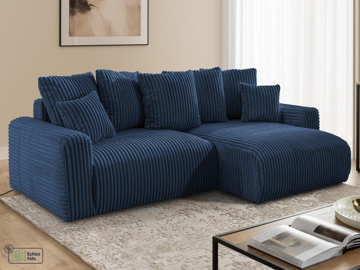 ECKSOFA Calma mit Schlaffunktion und Bettkasten im Bumpy-Design aus weichem Marineblau Plüschcord - Ottomane rechts - Blau/Schwarz, Holz/Kunststoff (140/239cm) - S-Style