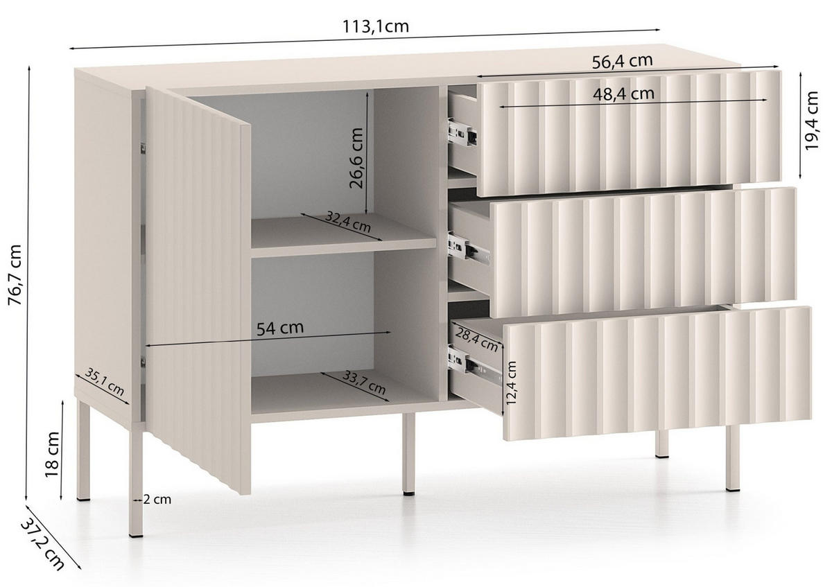 SIDEBOARD Derriva Hellbeige 113 cm - Ecru/Beige, Holzwerkstoff/Metall (113.1/76.7/37.2cm) - Selsey