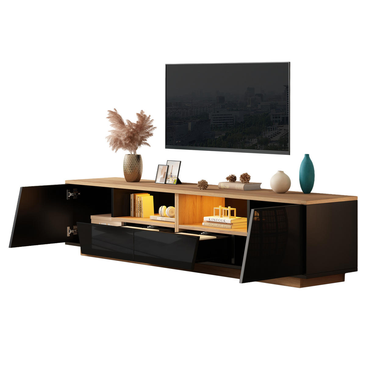 TV-ELEMENT180X40X46CM für 75-Zoll-Fernseher LED-Beleuchtung Schwarz-Holz - Schwarz, Holz (47.5/23.98/64.8cm) - Raelunyi