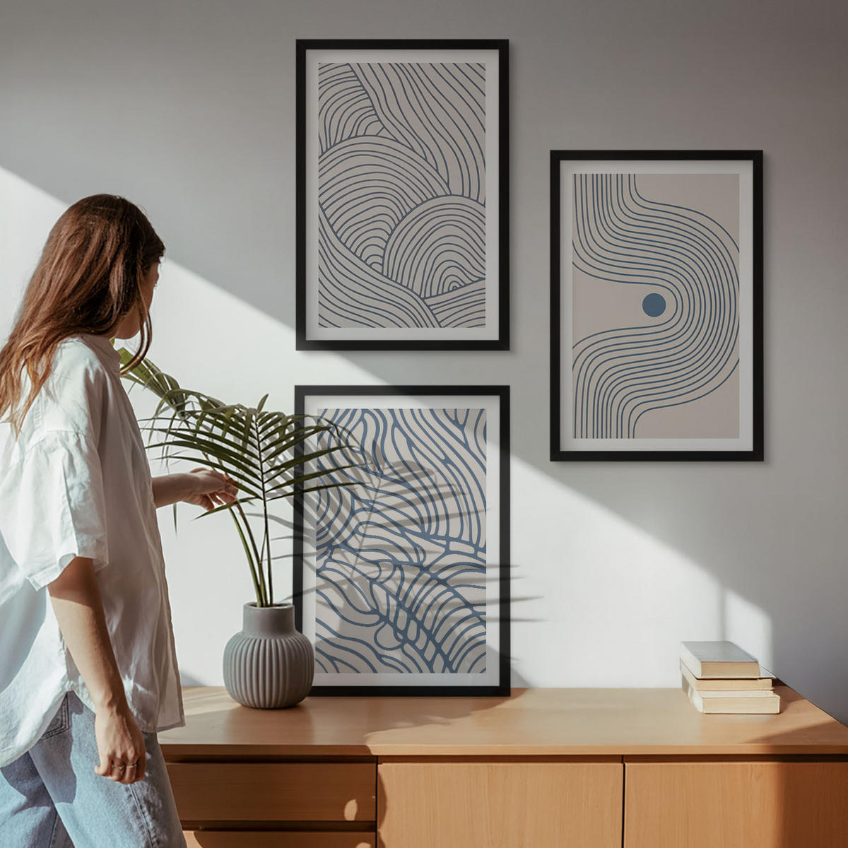 BILDER SET 3er Set - 40x60 cm Schwarzer Rahmen - Abstrakte Linien, Wellenformen - Schwarz, Kunststoff (40/60cm) - TULUP
