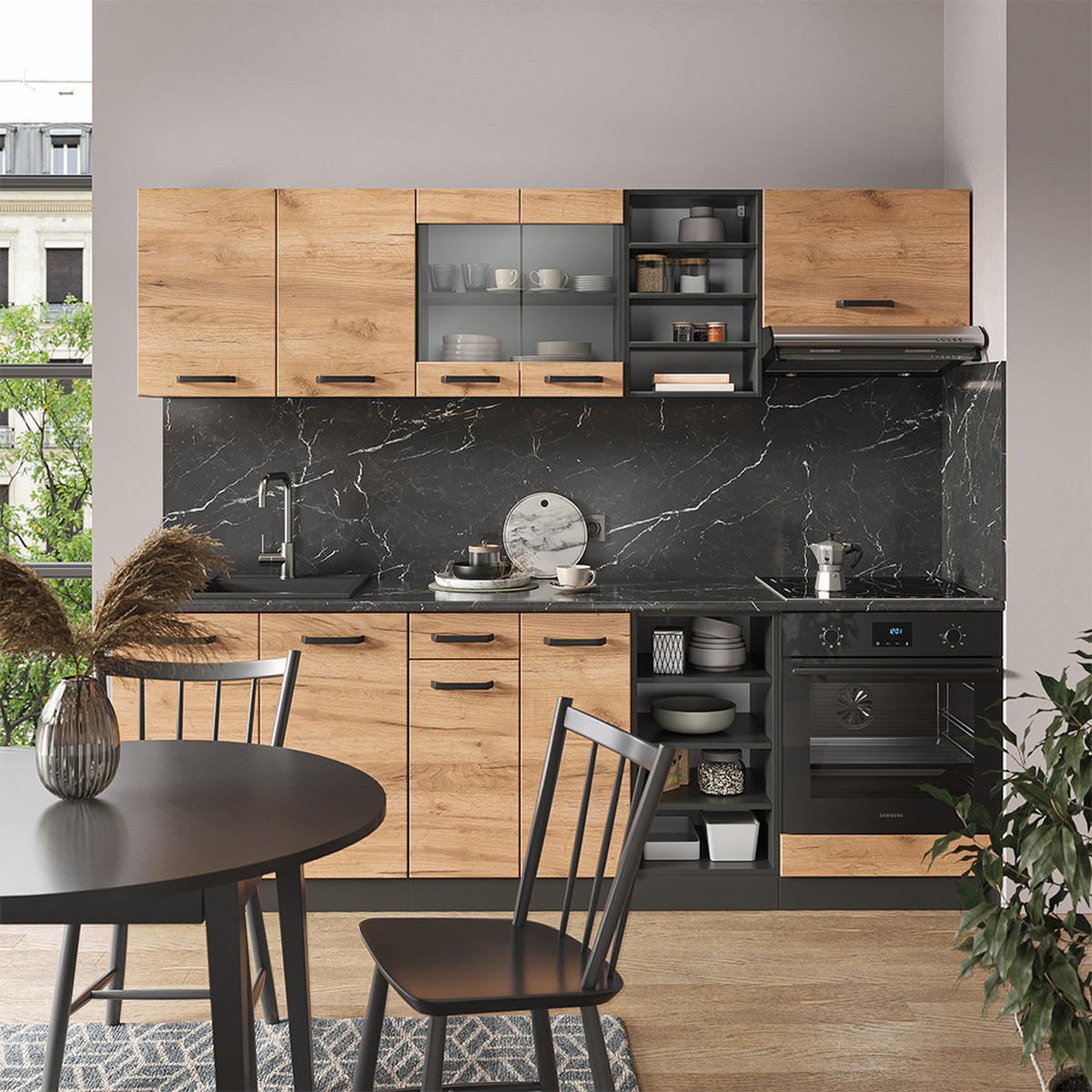 KÜCHENZEILE R-Line Goldkraft Eiche/Anthrazit 240 cm, AP Eiche - Anthrazit/Eiche Wotan, Holzwerkstoff (240/81.6/60cm) - Vicco
