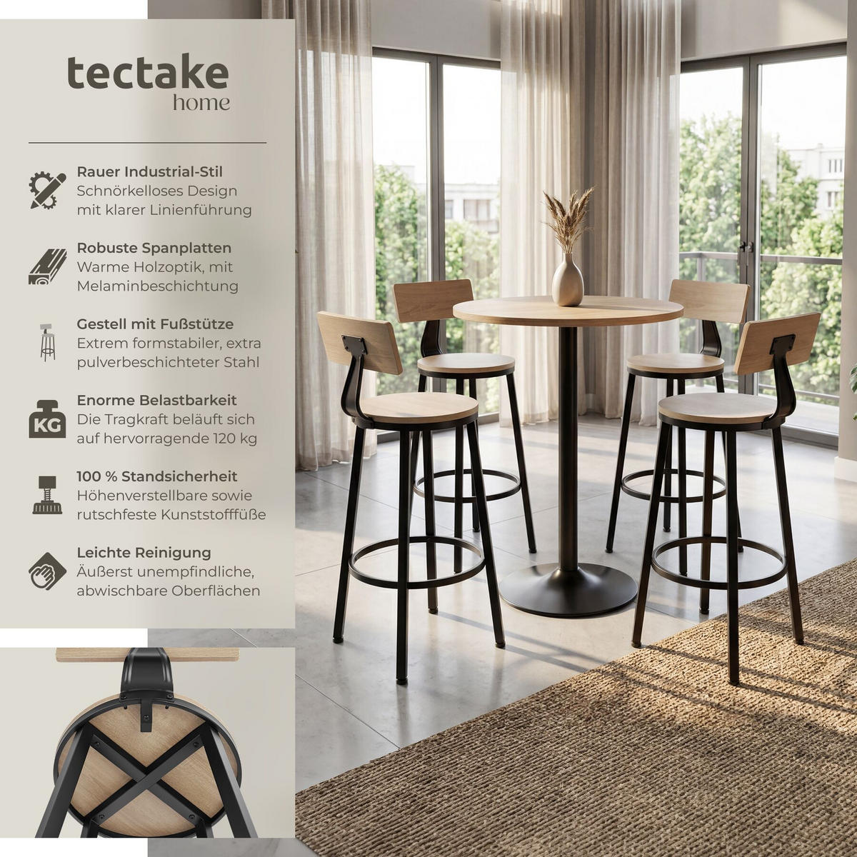 SET BARHOCKER Poole, Sitzhöhe 73 cm, Industrial Holz hell, Eiche Sonoma - Naturfarben, Holzwerkstoff/Textil (54/101.5/54cm) - tectake