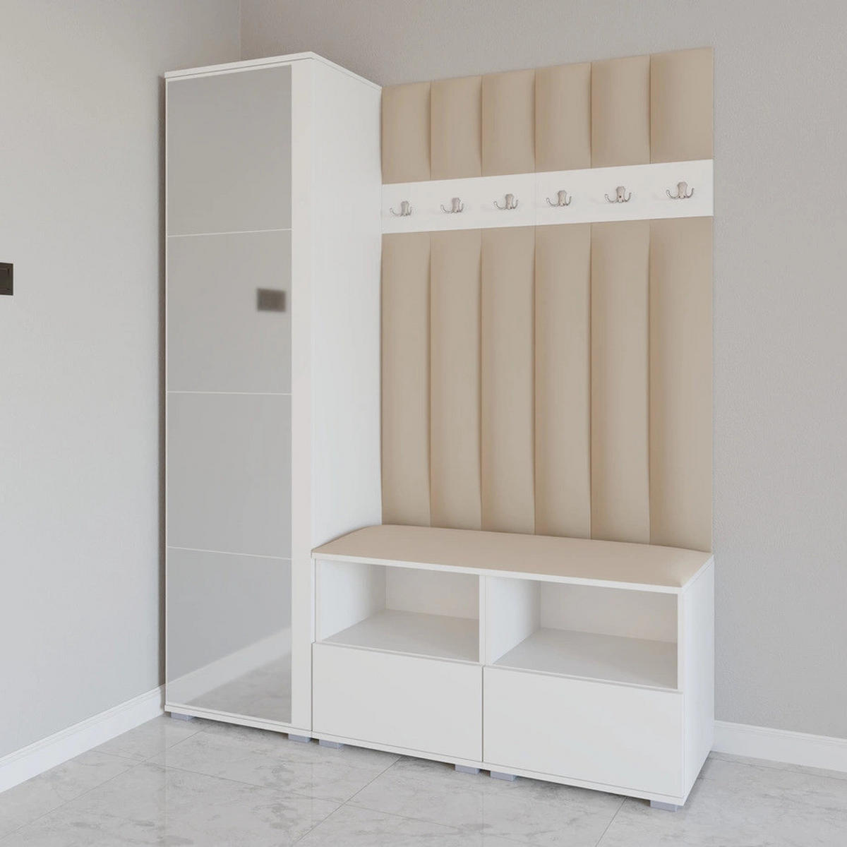 GEPOLSTERT Garderoben-Set Nela II LUX (Spiegel – Farbe Weiß + Stoff Trinity 04) - Beige/Silberfarben, Holz/Holzwerkstoff (150/187/40cm) - Ravio