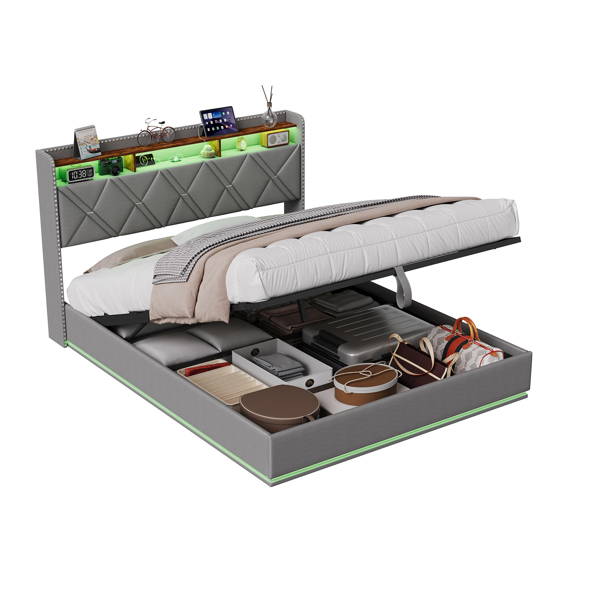 POLSTERBETT 160/200 cm Jugendbett Grau mit verstellbarer LED-Beleuchtung & USB - Grau, Holz/Textil (160/200cm) - PARAFTA HOME