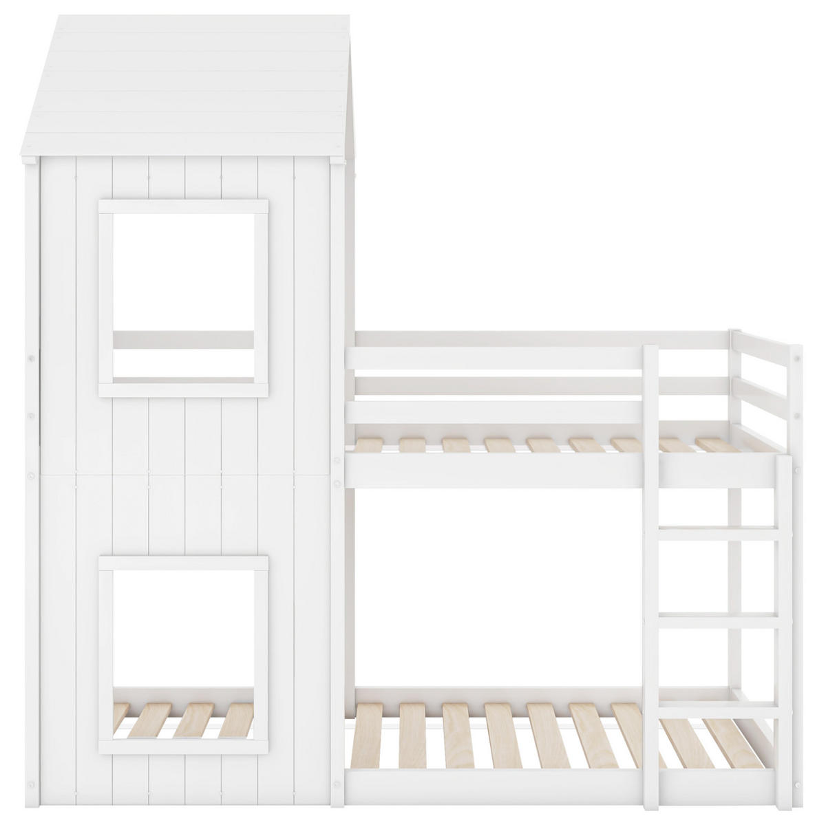 NADSTROPNA postelja 90/200 cm bela z lestvijo in baldahinom iz masivnega bora - bela, leseni material (90/200cm) - OKWISH