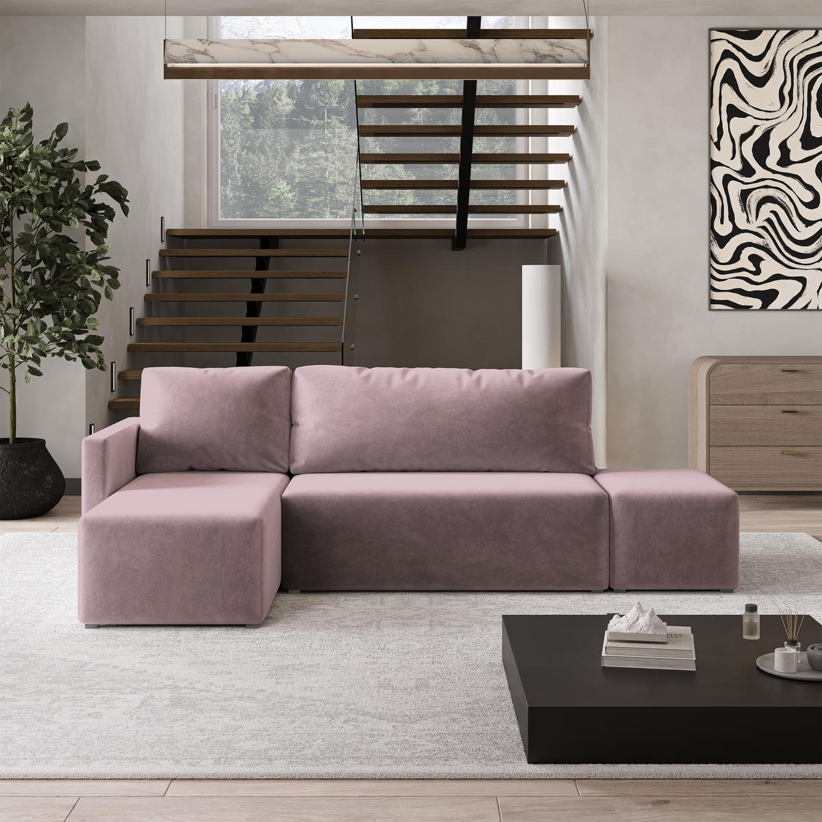 ECKSOFA VELOTTI L-S Rosa Plüsch-Stoff mit Schlaffunktion - Rosa, Holz (261/143cm) - MASSENO