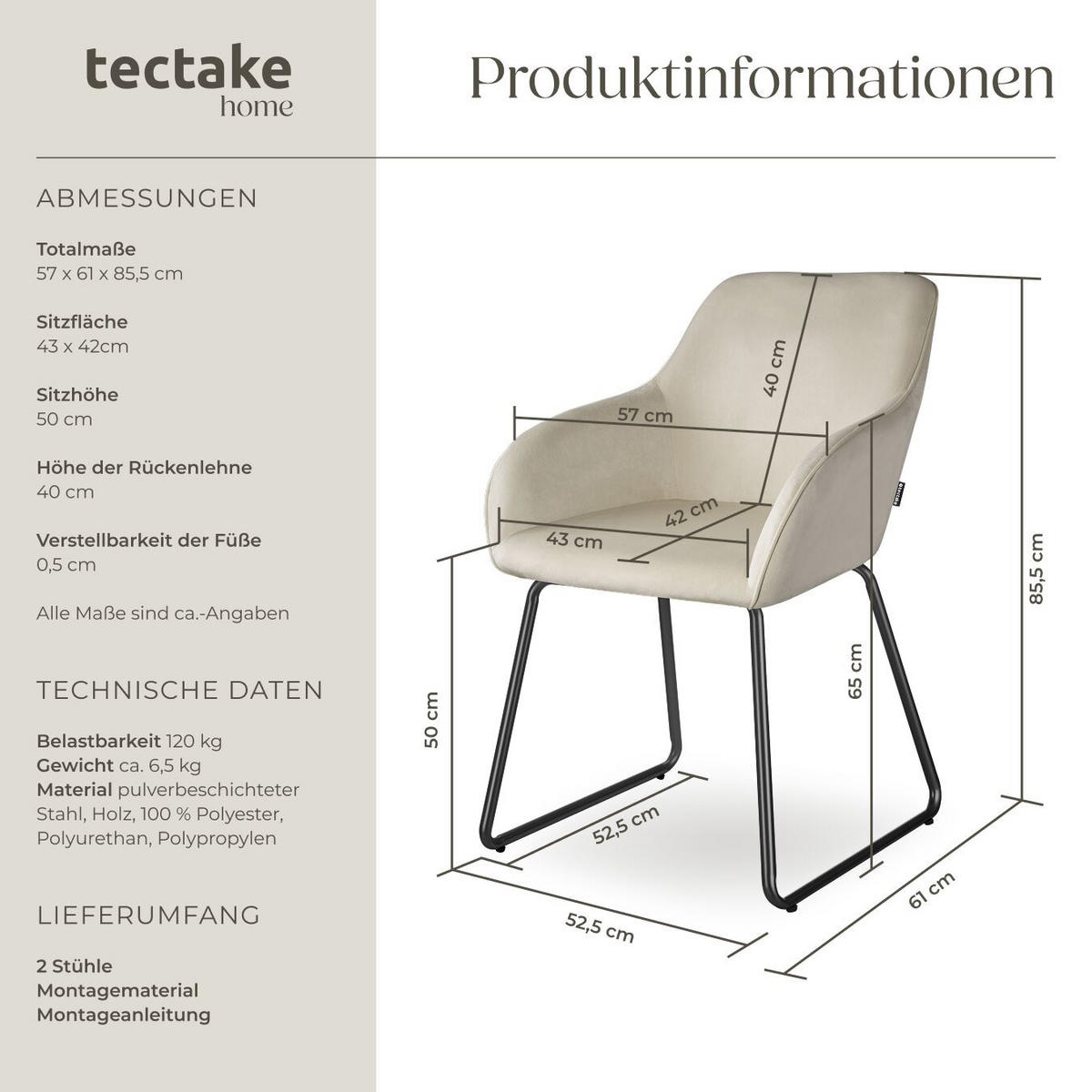 ESSZIMMERSTUHL Jeane,57 x 61 x 85,5 cm, Belastbarkeit 120 kg,Samtoptik creme/schwarz - Schwarz/Samtahornfarben, Kunststoff (57/85.5/61cm) - tectake