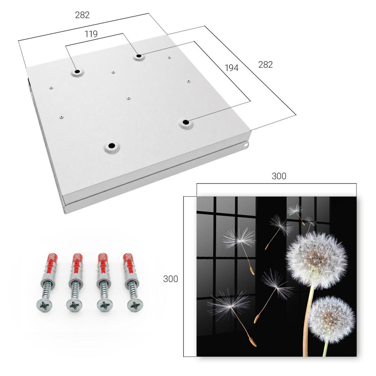 SCHLÜSSELBOX Weiß 30x30 cm – Türöffnung nach rechts - Zarte Löwenzahnblüten - Schwarz, Metall (30/30/5cm) - TULUP