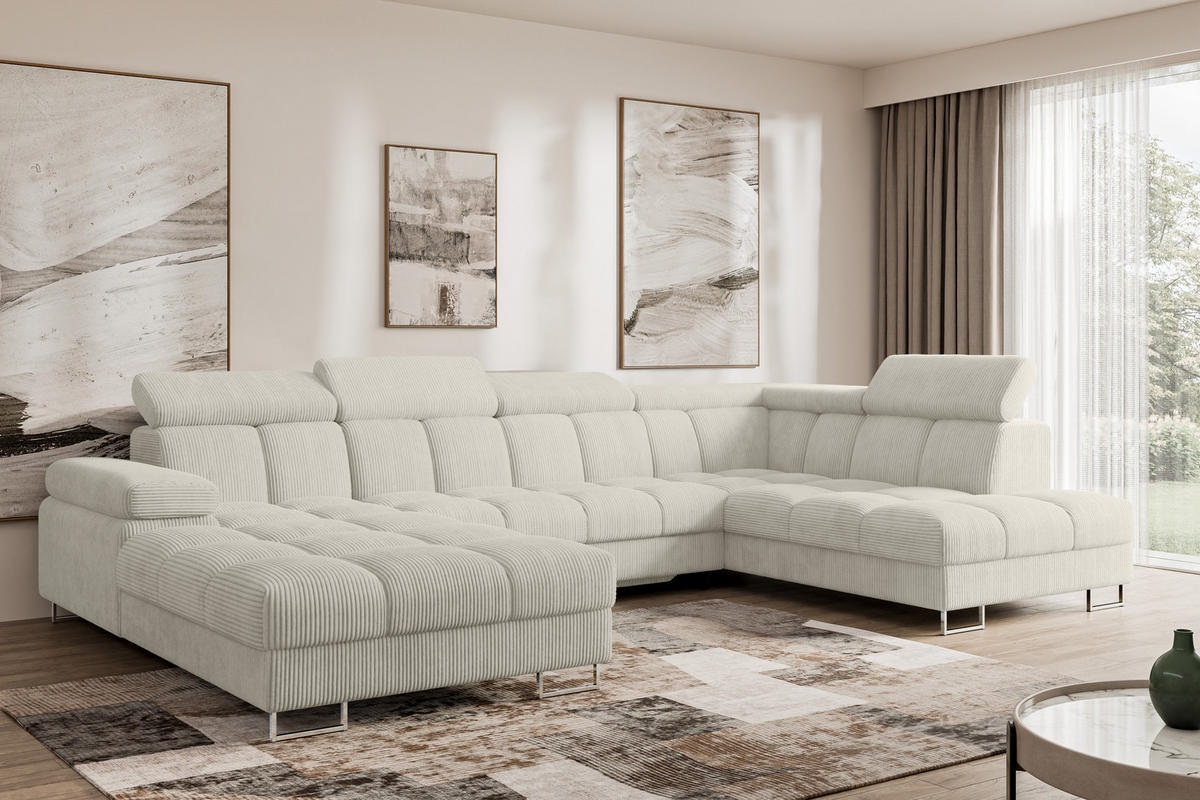 WOHNLANDSCHAFT mit Schlaffunktion und Bettkasten Ottomane RECHTS COMA U 345x203x79 Creme Cord - Mokka, Holzwerkstoff/Textil (203/79/345cm) - ALTDECOR